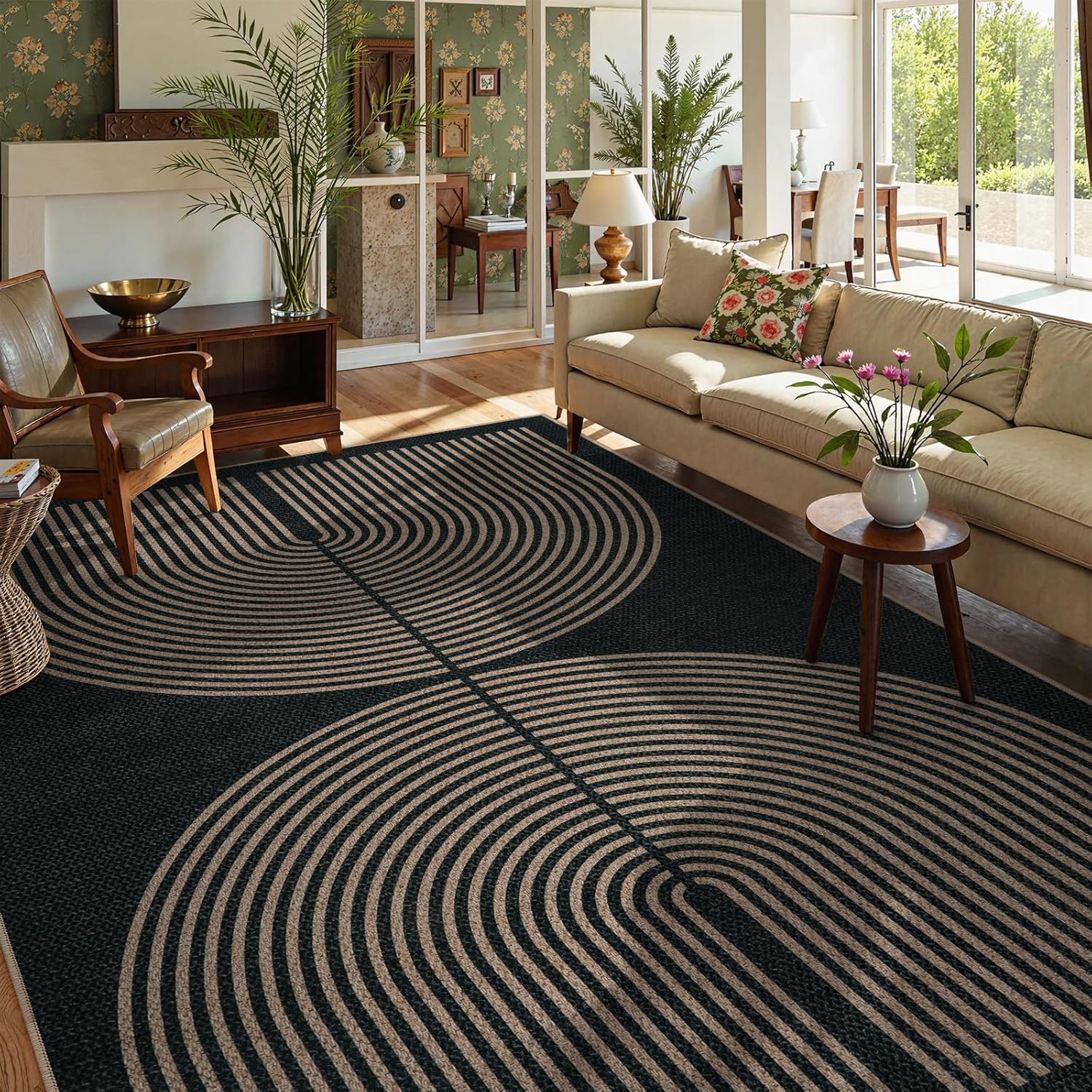 Lahome Enfys Rainbow Easy Jute Outdoor Carpet Washable Rugs 9x12 for Living Room Patio Large Farmhouse Indoor Outdoor Carpet Contemporary Black Dining Room Rugs for Under Table Office Backyard