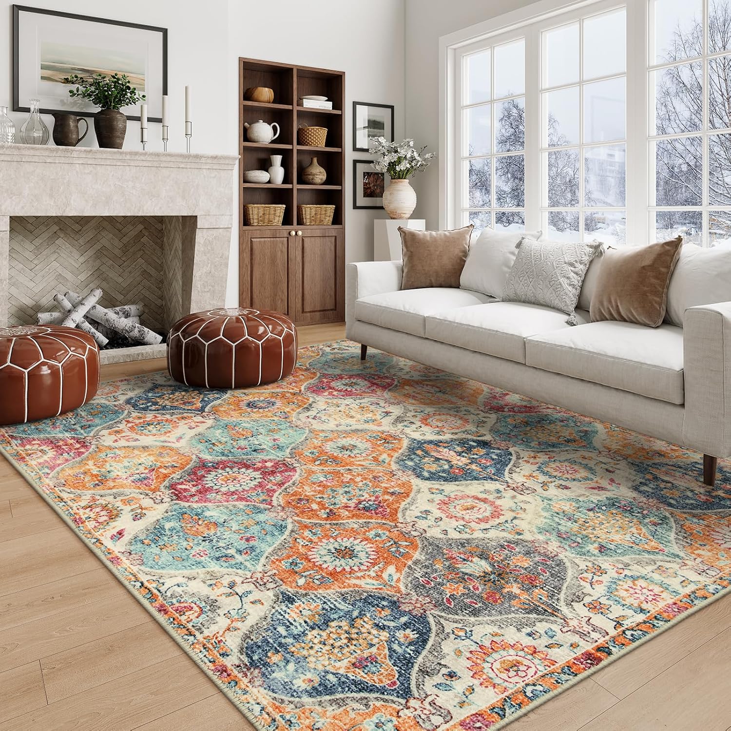 Lahome Moroccan 5x8 Area Rug Ultra-Thin Washable Rugs for Living Room Bedroom Soft Large Oriental Non-Slip Non Shedding Throw Large Carpet for Dining Room Office Elise Cream/Multi