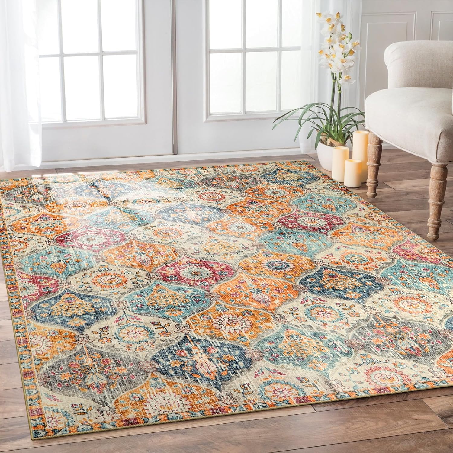 Lahome Moroccan 6x9 Rugs for Living Room Soft Washable 6x9 Area Rug for Bedroom Ultra-Thin Oriental Trellis Non Shedding Throw Large Carpet for Dining Room Office Elise Cream/Multi