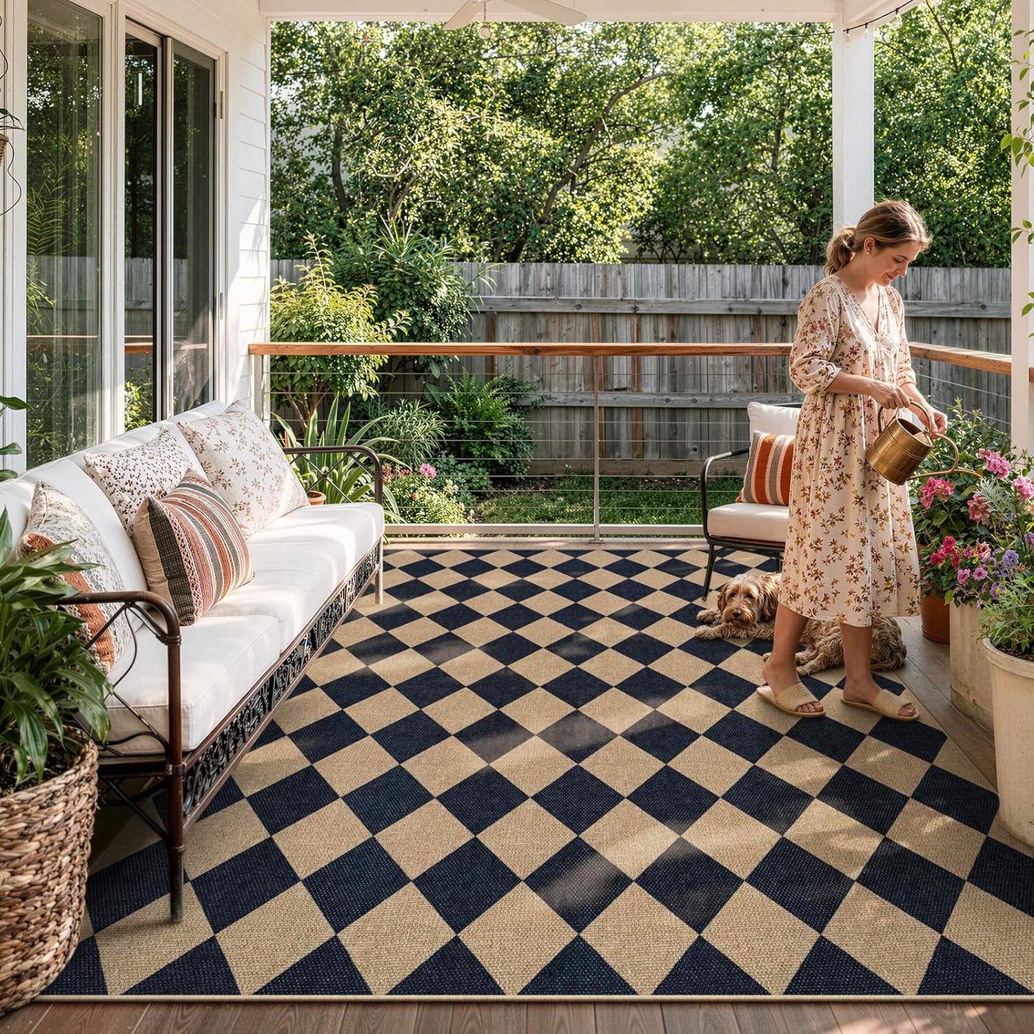 Lahome Colette Checkered Easy Jute Area Rug 8x10 Large Living Room Patio Rug Checkerboard Indoor Outdoor Carpet Farmhouse Geometric Non Slip Black Carpet for Backyard Dining Room