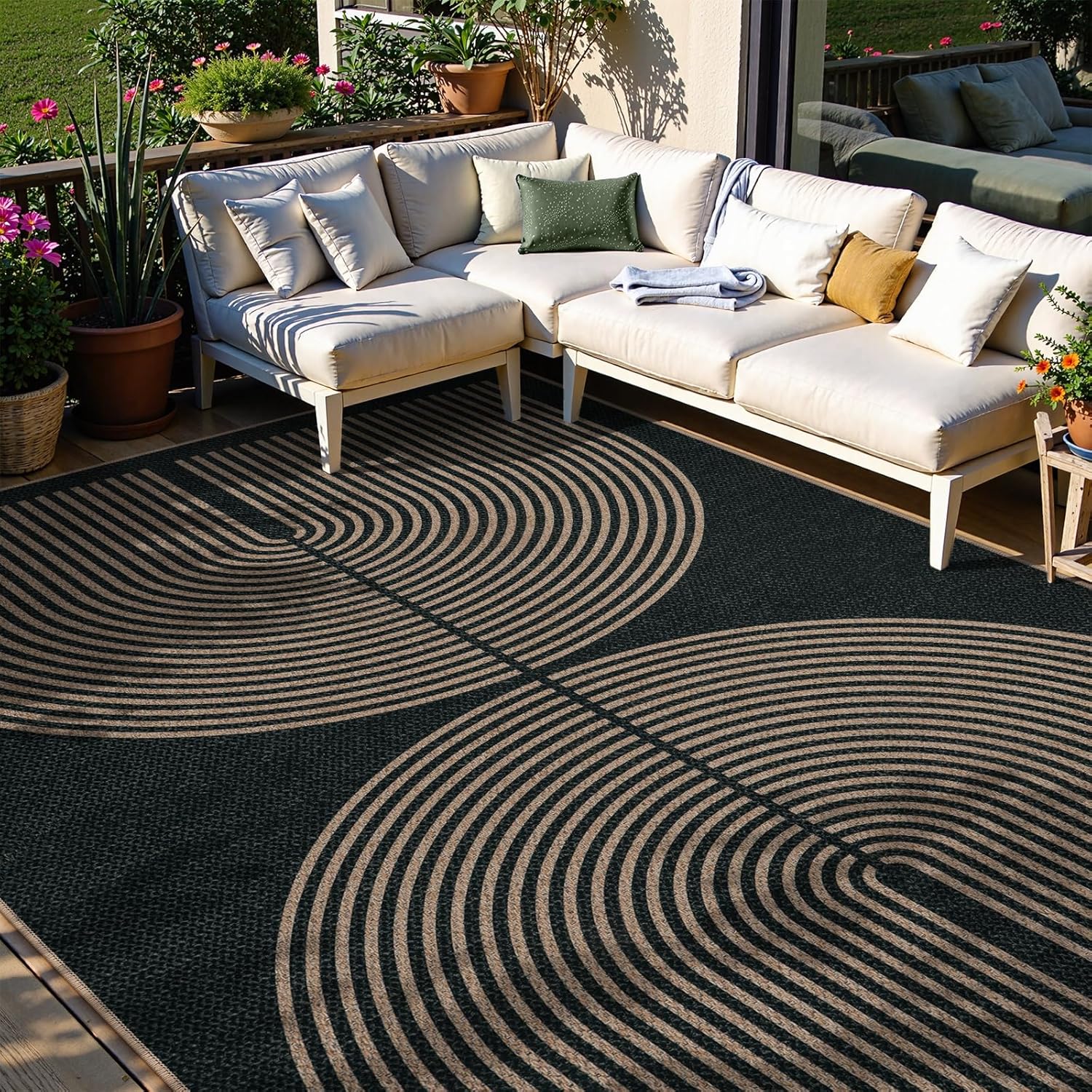 Lahome Enfys Rainbow Easy Jute Outdoor Carpet Washable Rugs 9x12 for Living Room Patio Large Farmhouse Indoor Outdoor Carpet Contemporary Black Dining Room Rugs for Under Table Office Backyard