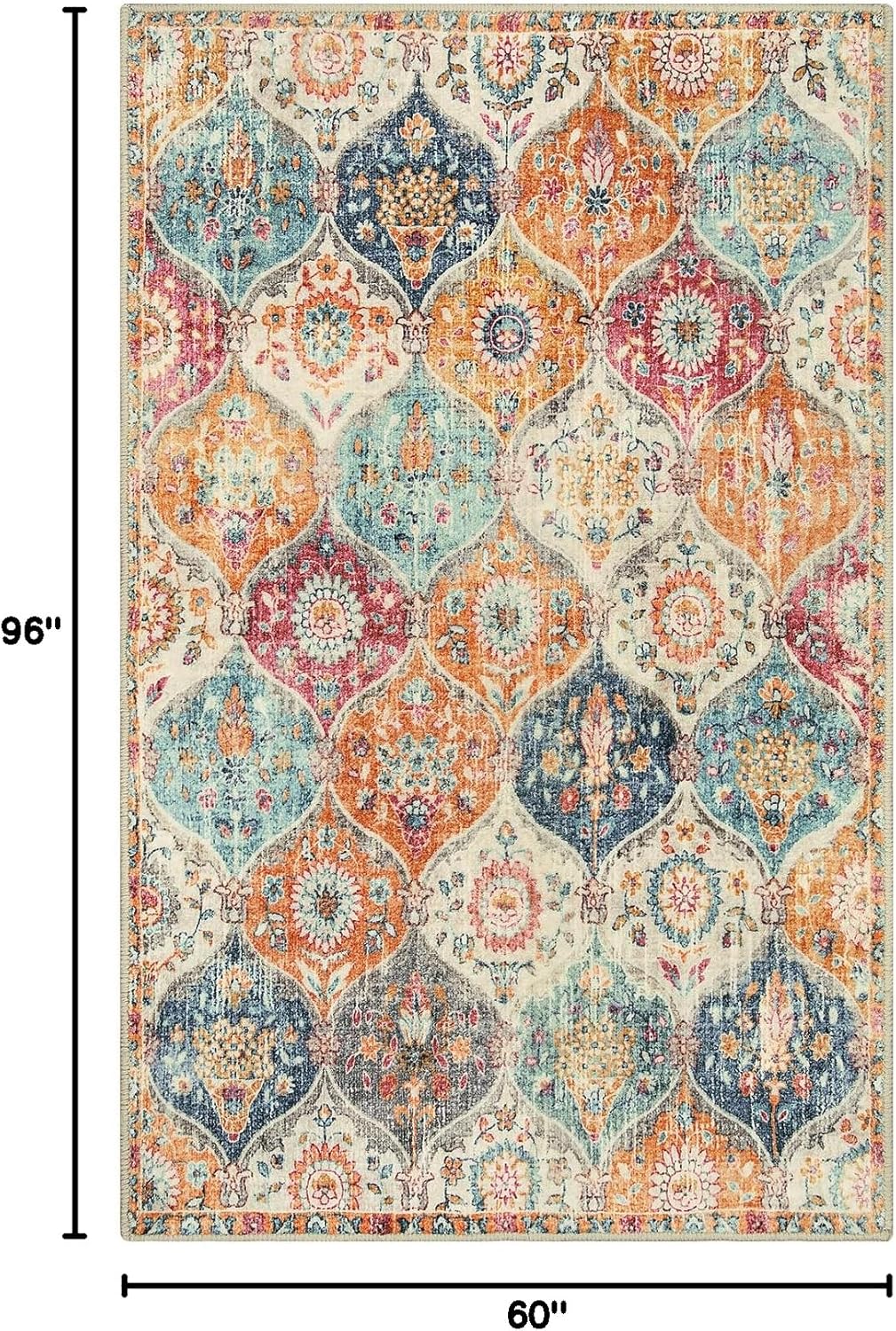 Lahome Moroccan 5x8 Area Rug Ultra-Thin Washable Rugs for Living Room Bedroom Soft Large Oriental Non-Slip Non Shedding Throw Large Carpet for Dining Room Office Elise Cream/Multi