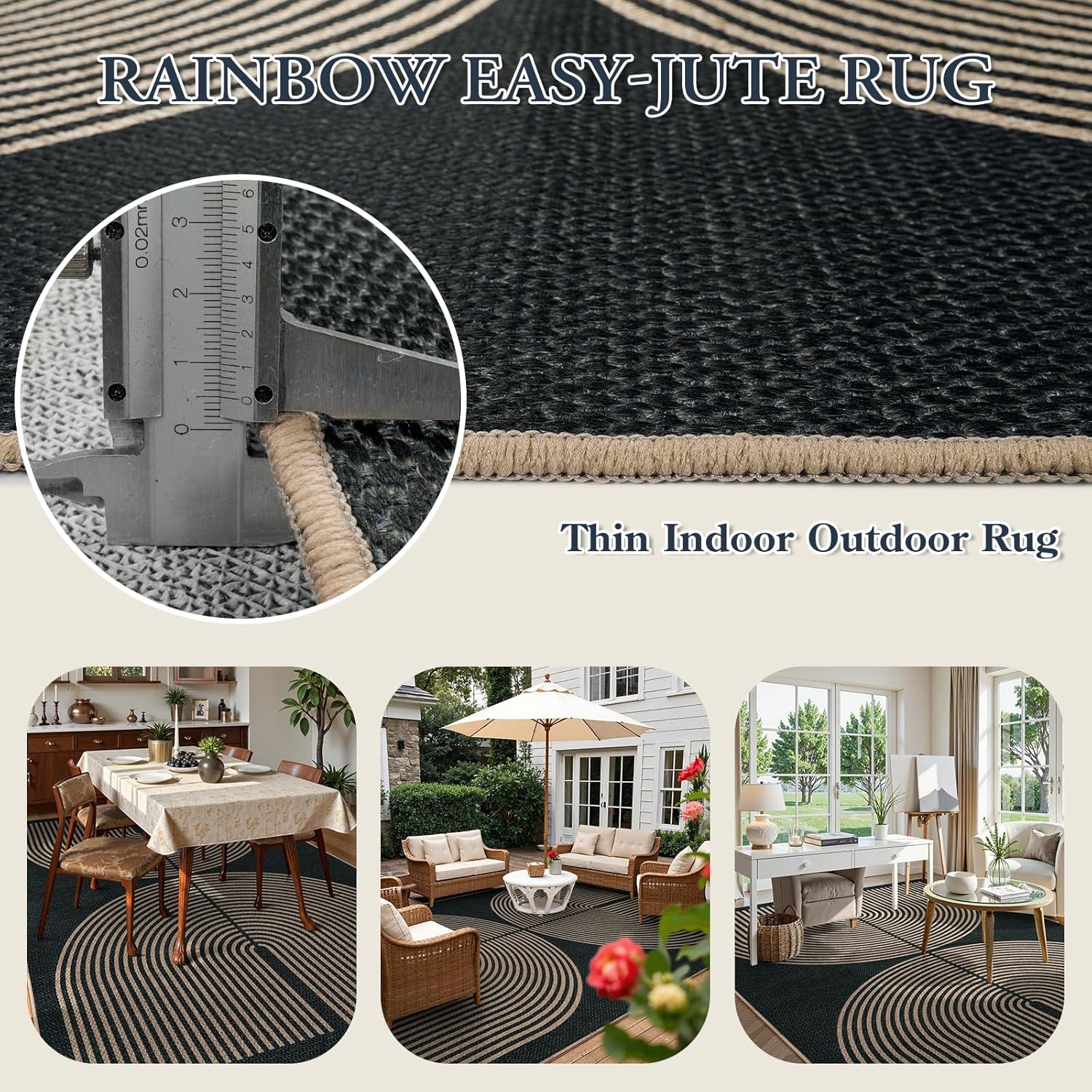 Lahome Enfys Rainbow Easy Jute Outdoor Carpet Washable Rugs 9x12 for Living Room Patio Large Farmhouse Indoor Outdoor Carpet Contemporary Black Dining Room Rugs for Under Table Office Backyard