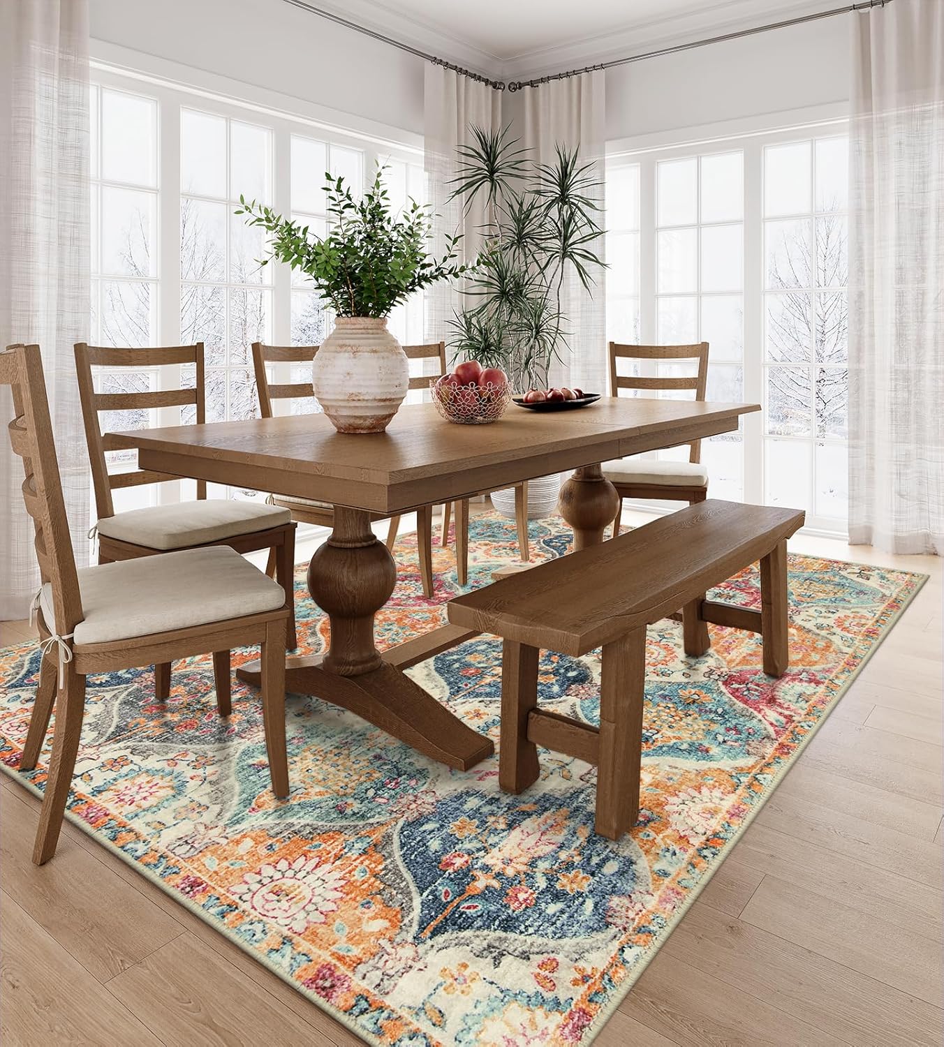 Lahome Moroccan 5x8 Area Rug Ultra-Thin Washable Rugs for Living Room Bedroom Soft Large Oriental Non-Slip Non Shedding Throw Large Carpet for Dining Room Office Elise Cream/Multi