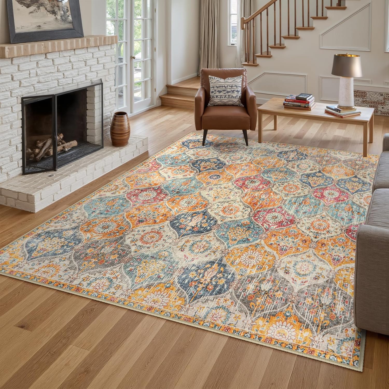 Lahome Moroccan 6x9 Rugs for Living Room Soft Washable 6x9 Area Rug for Bedroom Ultra-Thin Oriental Trellis Non Shedding Throw Large Carpet for Dining Room Office Elise Cream/Multi