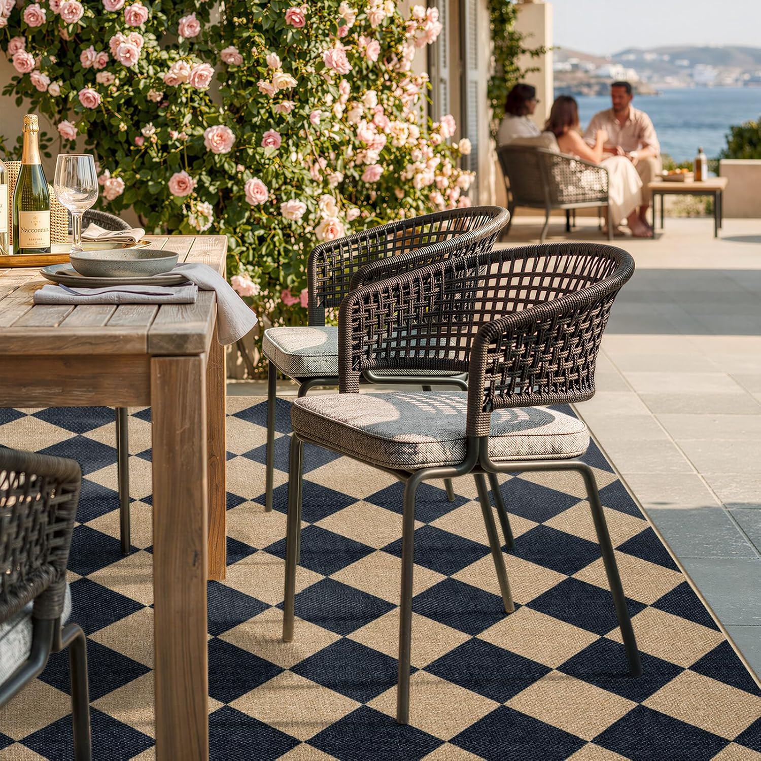 Lahome Colette Checkered Easy Jute Area Rug 8x10 Large Living Room Patio Rug Checkerboard Indoor Outdoor Carpet Farmhouse Geometric Non Slip Black Carpet for Backyard Dining Room