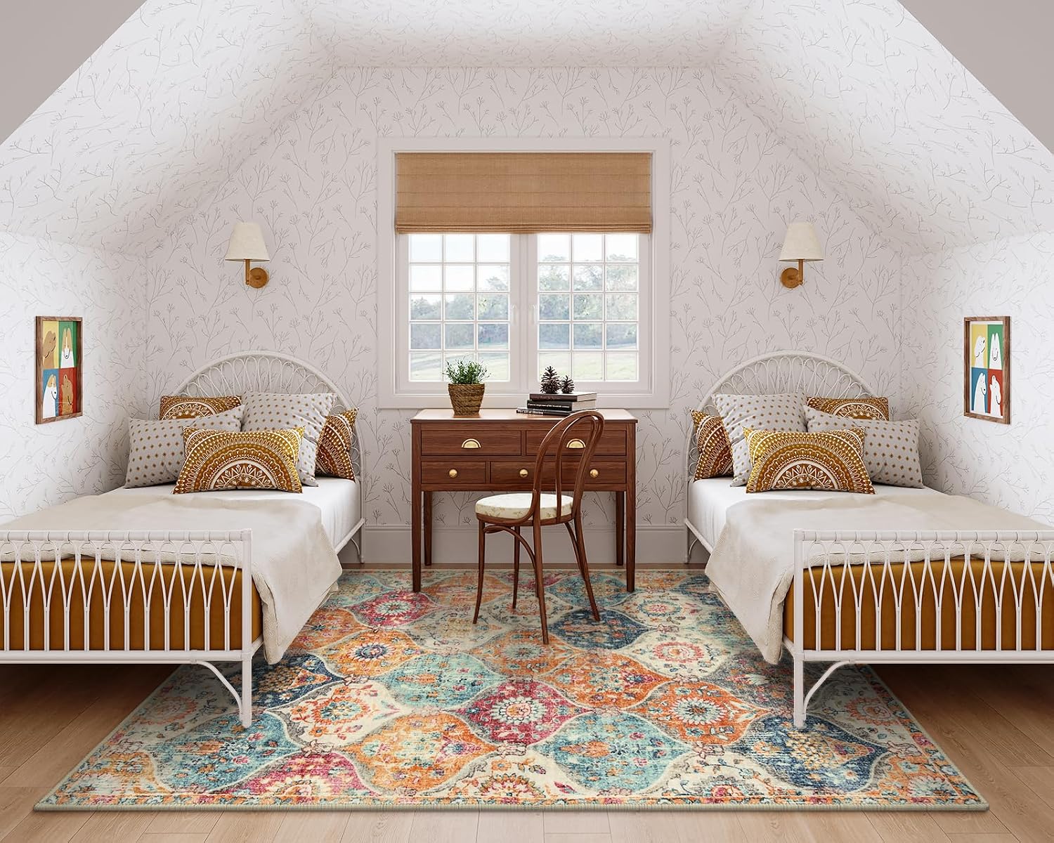 Lahome Moroccan 5x8 Area Rug Ultra-Thin Washable Rugs for Living Room Bedroom Soft Large Oriental Non-Slip Non Shedding Throw Large Carpet for Dining Room Office Elise Cream/Multi