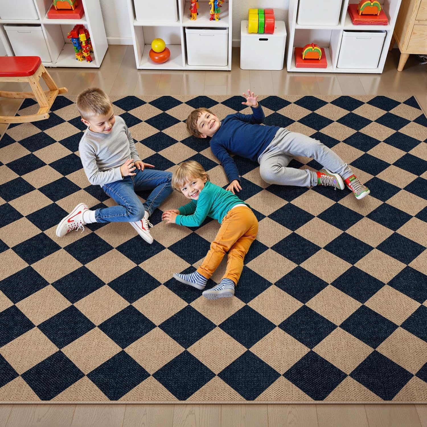 Lahome Colette Checkered Easy Jute Area Rug 8x10 Large Living Room Patio Rug Checkerboard Indoor Outdoor Carpet Farmhouse Geometric Non Slip Black Carpet for Backyard Dining Room