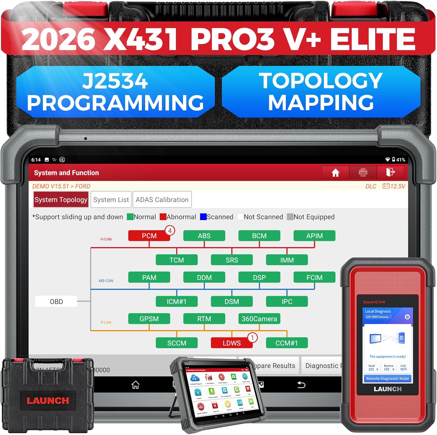 Launch X431 PRO3 V+ Elite 2026 SmartlinkC 2.0 Bidirectional Scan Tool with J2534 Portocol HD Trucks Scanner 10.1 inch Topology Map 60+Service Online Code CANFD/DoIP/D-PDU FCA 2 Yrs Update