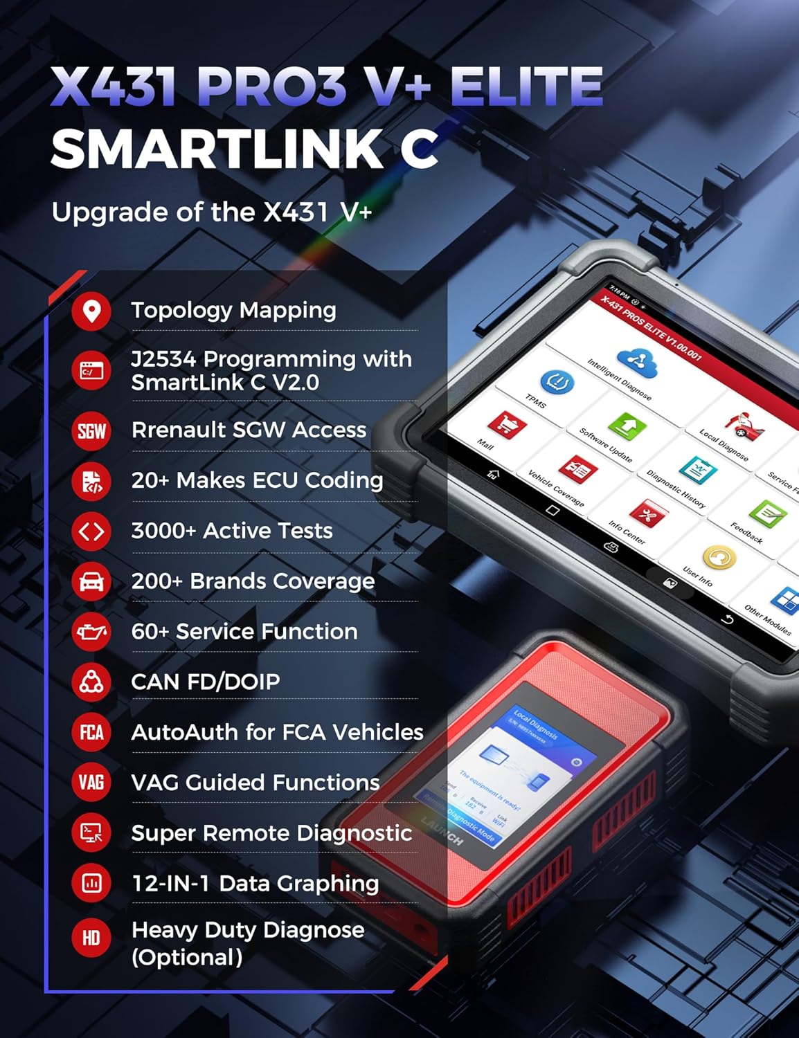 Launch X431 PRO3 V+ Elite 2026 SmartlinkC 2.0 Bidirectional Scan Tool with J2534 Portocol HD Trucks Scanner 10.1 inch Topology Map 60+Service Online Code CANFD/DoIP/D-PDU FCA 2 Yrs Update
