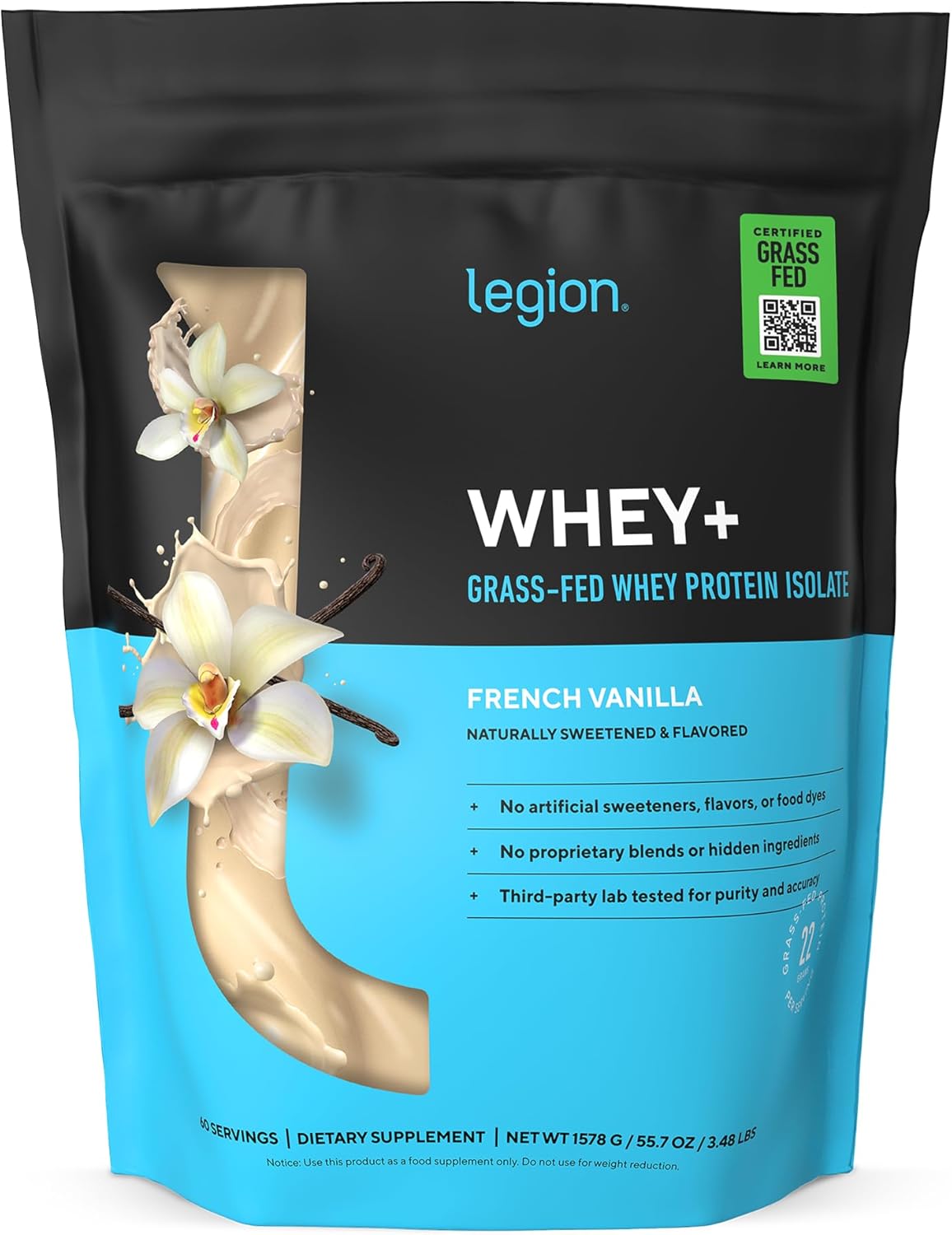 LEGION Whey+ Protein Whey Isolate from Grass Fed Cows (French Vanilla 60 Servings) - Whey Protein Isolate Powder Low Calorie Non-GMO Sugar Free Lactose and Gluten Free All Natural Protein Powder