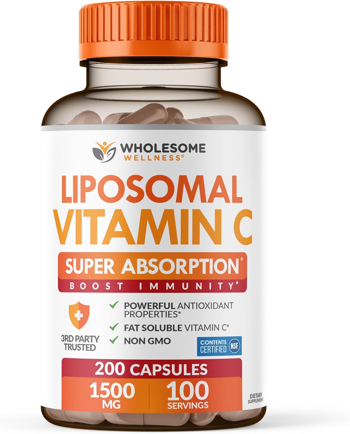 Wholesome Wellness Liposomal Vitamin C Capsules (200 Pills 1500mg Buffered) High Absorption Immune System & Collagen Booster High Dose Fat Soluble Immunity Support Ascorbic Acid Natural Vegan