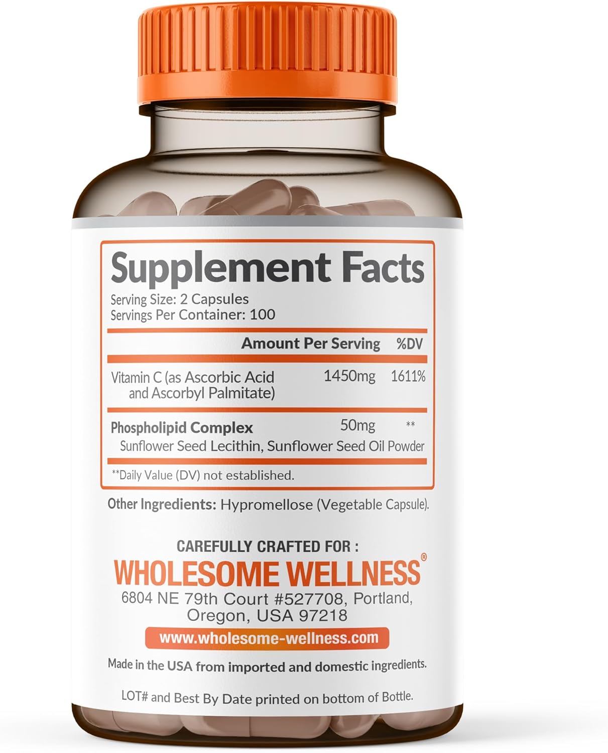 Wholesome Wellness Liposomal Vitamin C Capsules (200 Pills 1500mg Buffered) High Absorption Immune System & Collagen Booster High Dose Fat Soluble Immunity Support Ascorbic Acid Natural Vegan