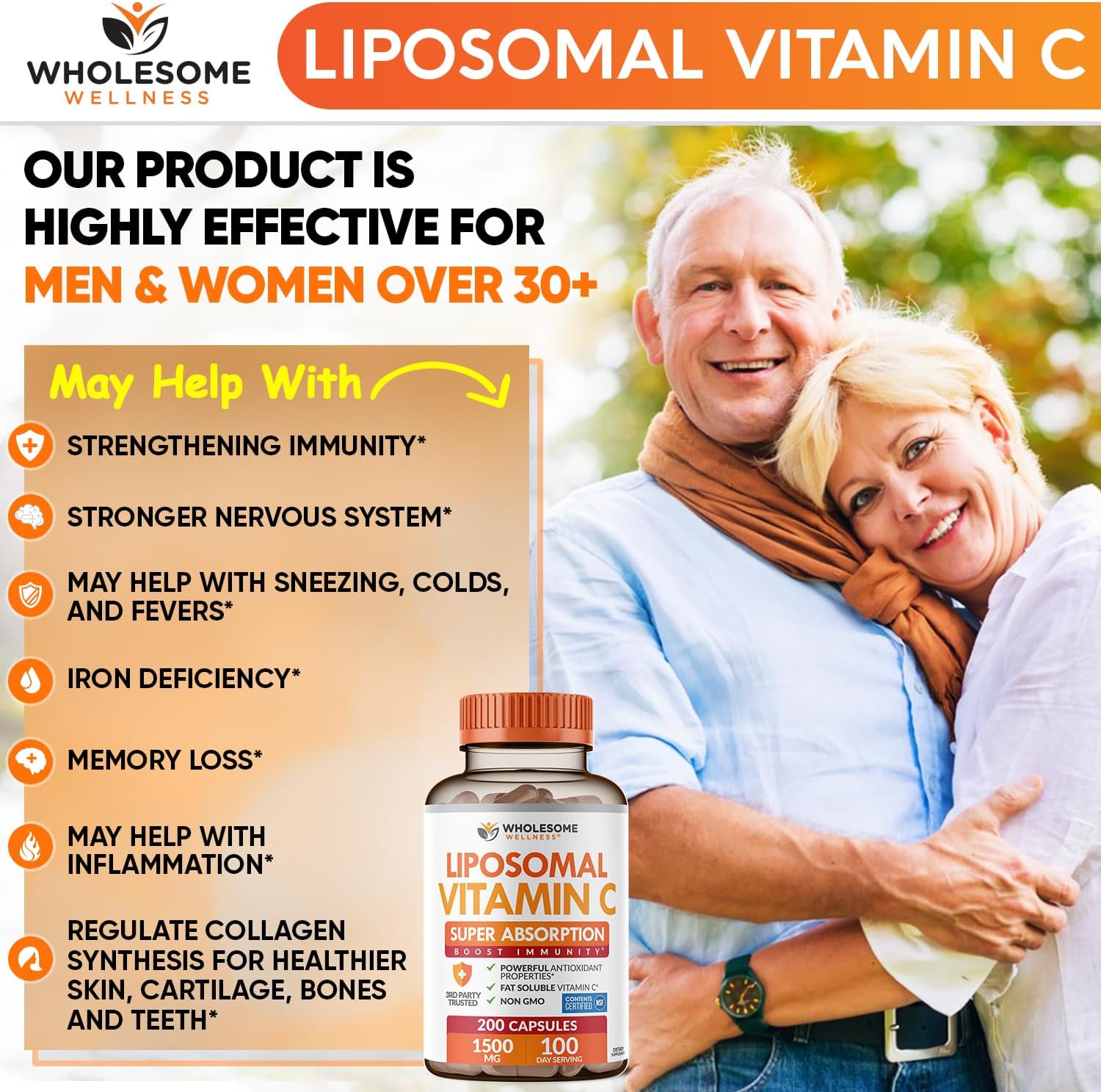Wholesome Wellness Liposomal Vitamin C Capsules (200 Pills 1500mg Buffered) High Absorption Immune System & Collagen Booster High Dose Fat Soluble Immunity Support Ascorbic Acid Natural Vegan