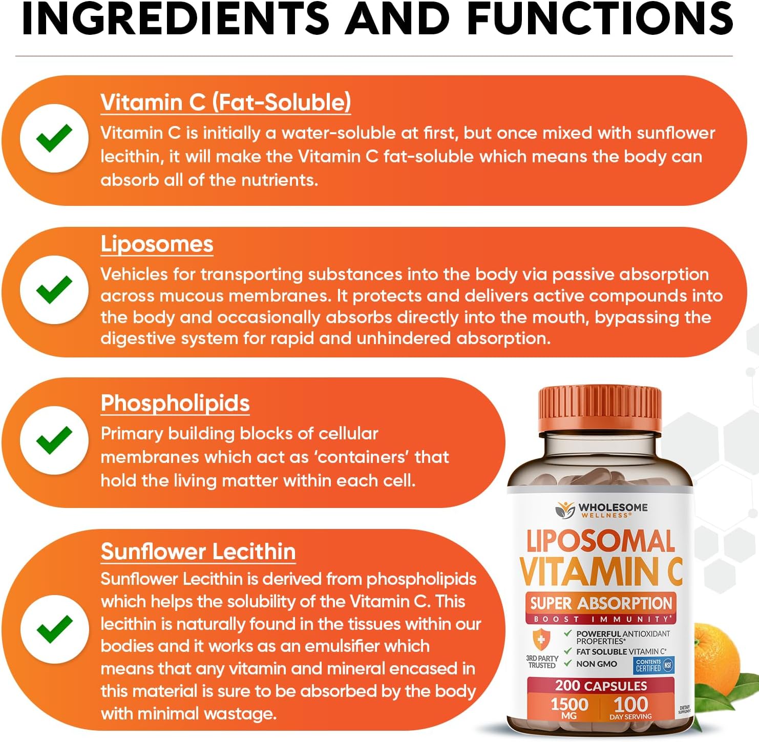 Wholesome Wellness Liposomal Vitamin C Capsules (200 Pills 1500mg Buffered) High Absorption Immune System & Collagen Booster High Dose Fat Soluble Immunity Support Ascorbic Acid Natural Vegan