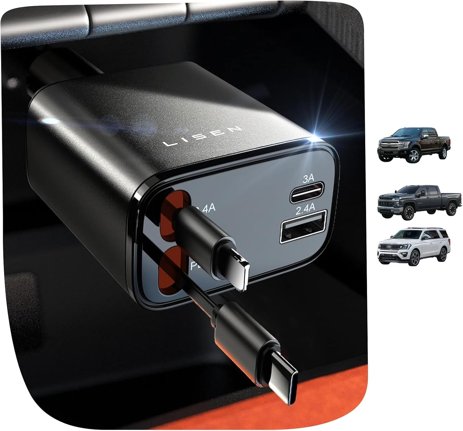 LISEN Retractable Car Charger [2026 Upgrade 50 inch ] Long 4 in 1 Retractable Cable Car Charger USB C Car Charger Fast Charging for iPhone 17 16 15 14 13 12 11 X Pro Max Plus Mini Samsung S26