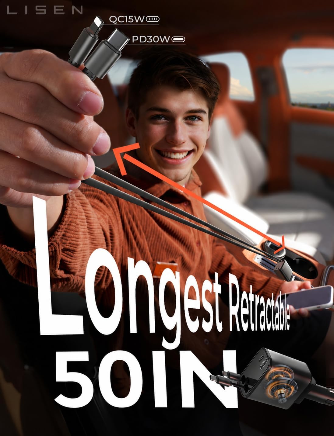 LISEN Retractable Car Charger [2026 Upgrade 50 inch ] Long 4 in 1 Retractable Cable Car Charger USB C Car Charger Fast Charging for iPhone 17 16 15 14 13 12 11 X Pro Max Plus Mini Samsung S26