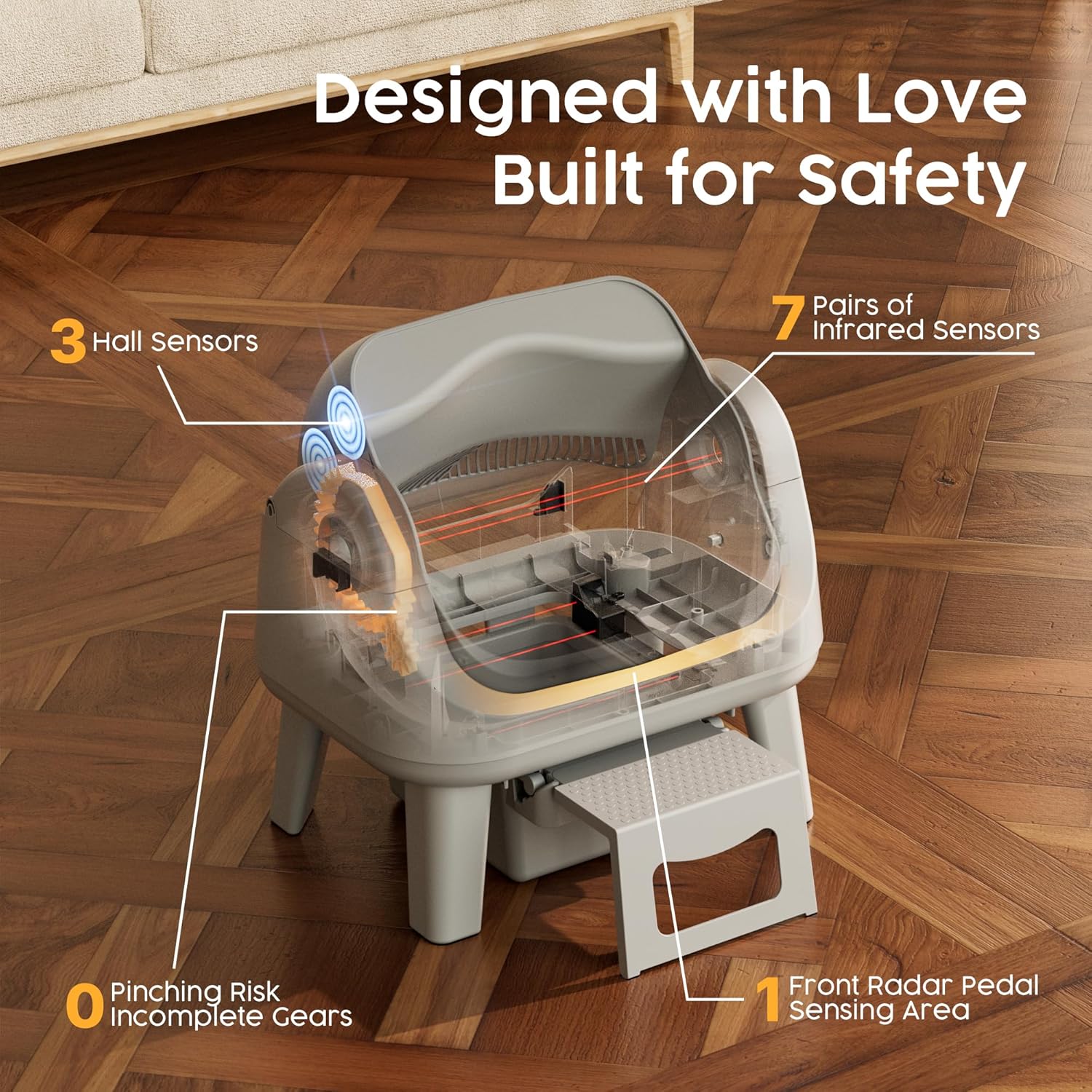 PetPivot Open Top Self Cleaning Cat Litter Box, Automatic Litter Box with 7 Pairs of Safety Sensors, Anti-Pinch Protection and Easy Access Step for Senior Cats, Dark Grey