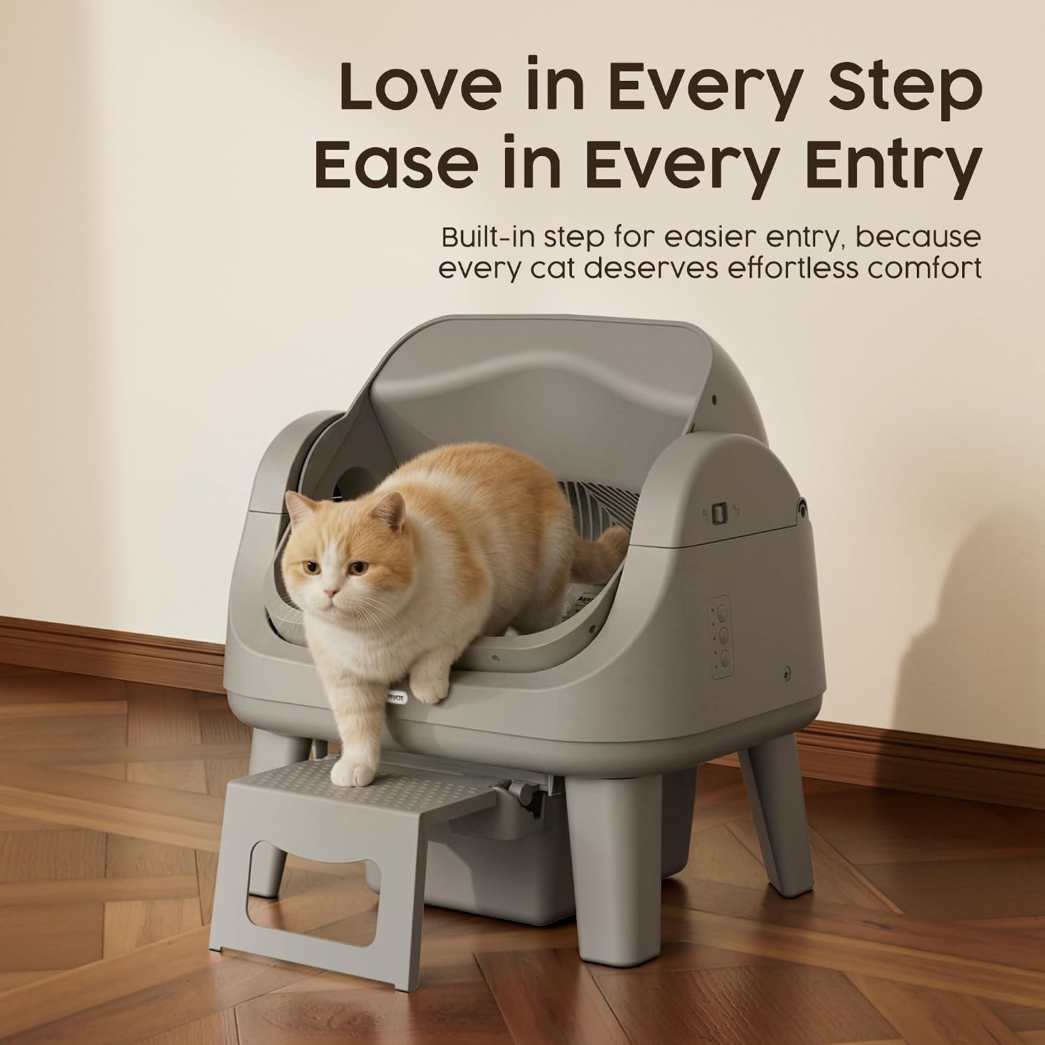 PetPivot Open Top Self Cleaning Cat Litter Box, Automatic Litter Box with 7 Pairs of Safety Sensors, Anti-Pinch Protection and Easy Access Step for Senior Cats, Dark Grey