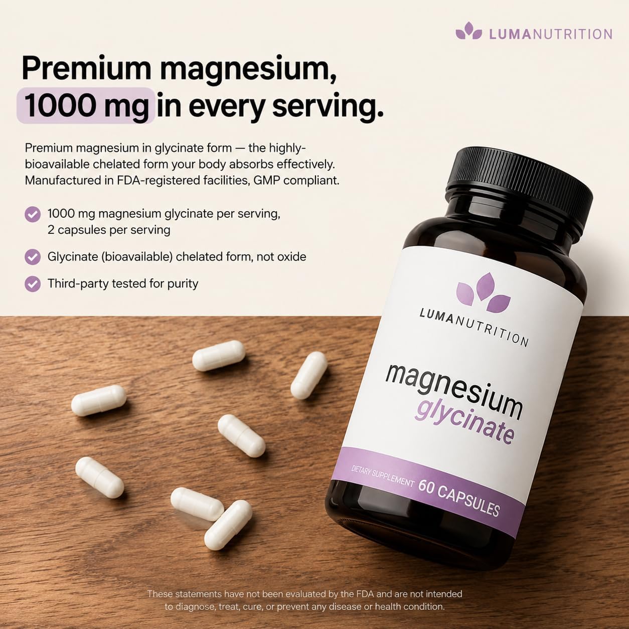 Luma Nutrition Magnesium Glycinate 1000mg - Support Stress Sleep Nerve & Muscle Health - 500mg Pure Magnesium Supplement Capsules - Chelated for High Absorption - 60 Veggie Capsules