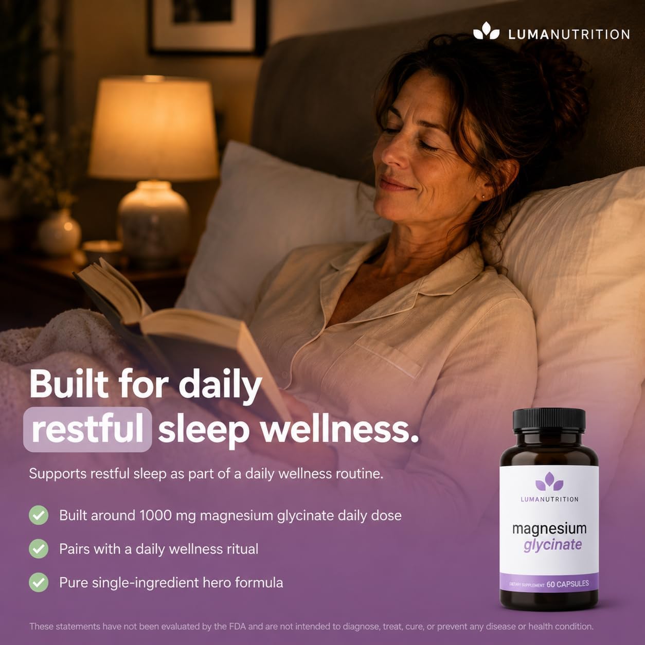Luma Nutrition Magnesium Glycinate 1000mg - Support Stress Sleep Nerve & Muscle Health - 500mg Pure Magnesium Supplement Capsules - Chelated for High Absorption - 60 Veggie Capsules