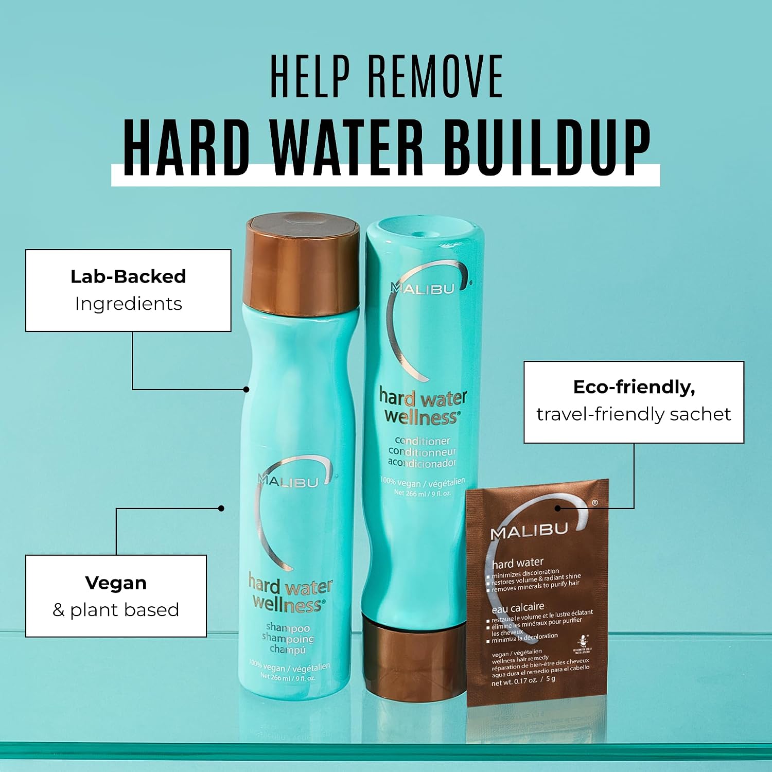 Malibu C Hard Water Wellness Remedy - Hard Water Shampoo, Conditioner & Hair Mask Packets for Removing Deposits and Impurities - Hydrating Hair Care Set (6 Ct)