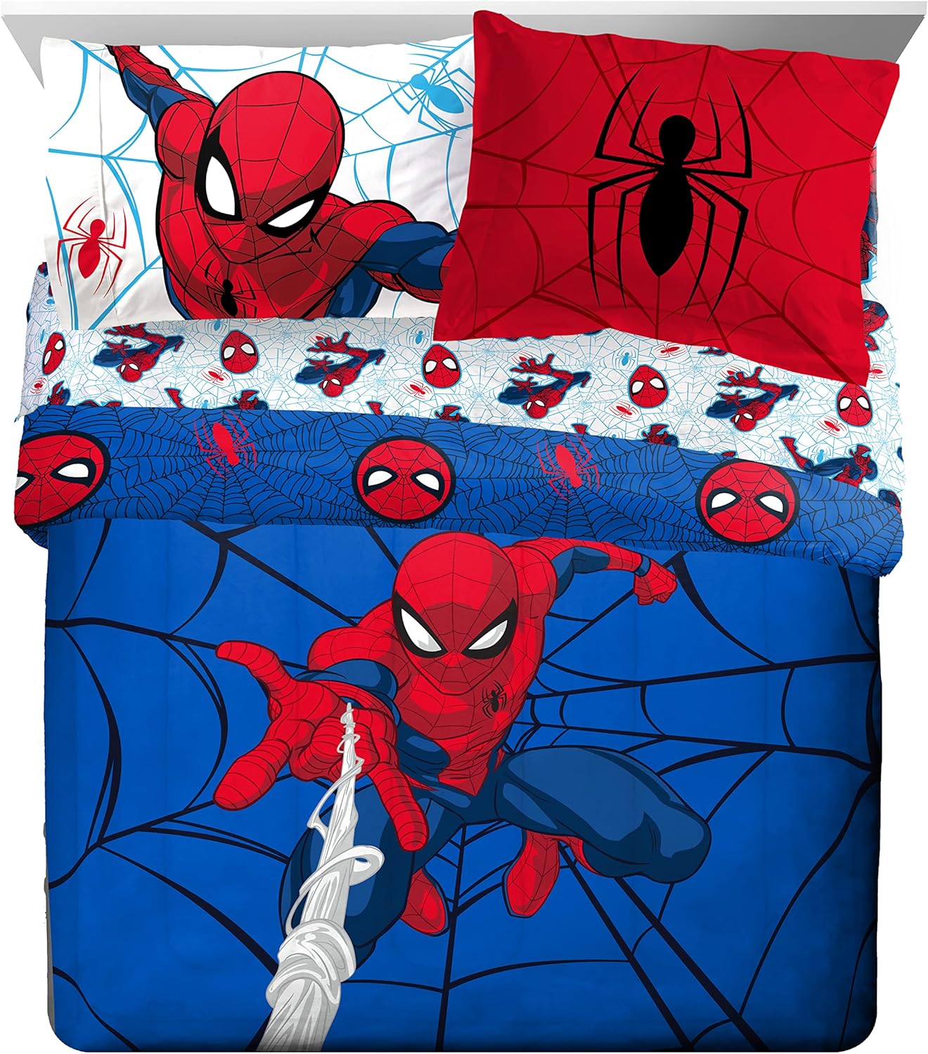 Spiderman 7 Piece Queen Bed in a Bag for Boys - Includes Reversible Comforter & Sheet Set - Super Soft Fade Resistant Microfiber Kids Bedding All Season (Official Marvel Product) by Jay Franco