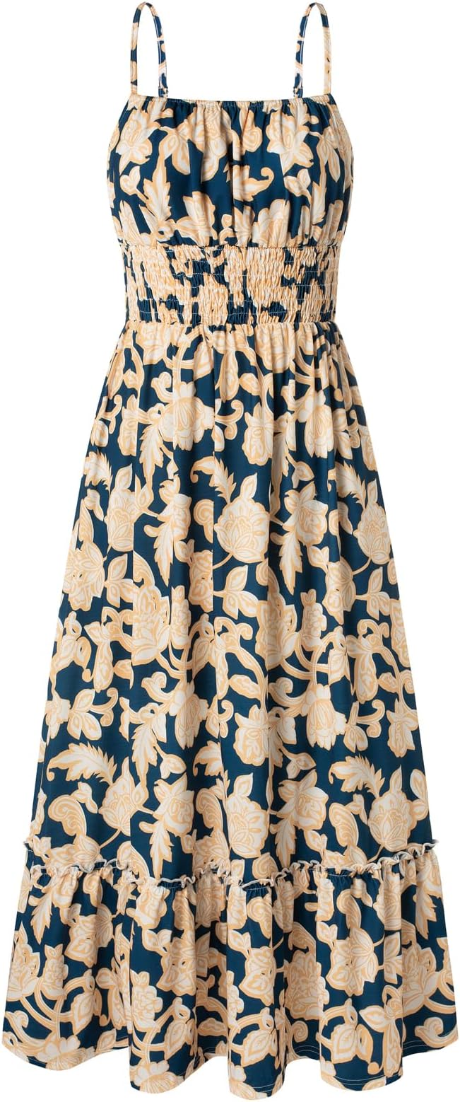 GRACE KARIN Summer Dresses for Women 2026 Vacation Smocked Floral Maxi Dresses Boho Beach Long Sundress Navy Flower L