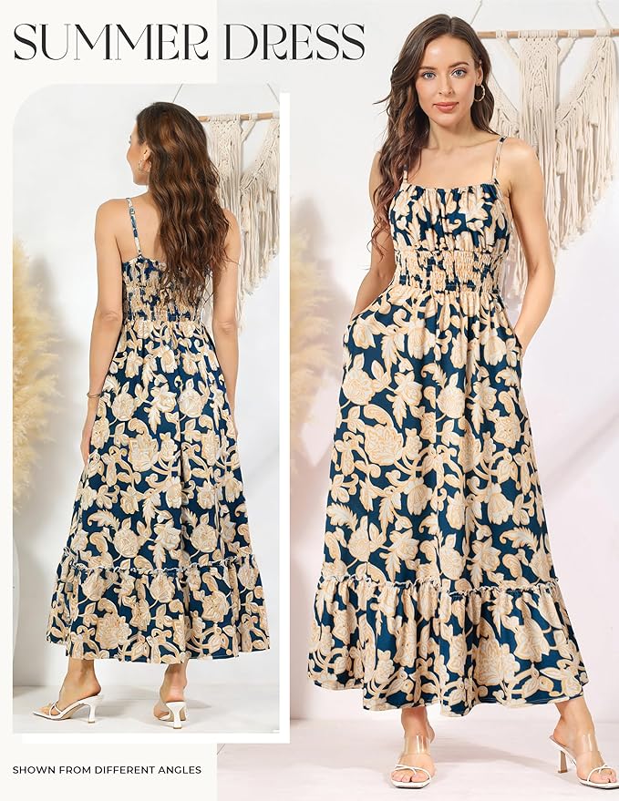 GRACE KARIN Summer Dresses for Women 2026 Vacation Smocked Floral Maxi Dresses Boho Beach Long Sundress Navy Flower L