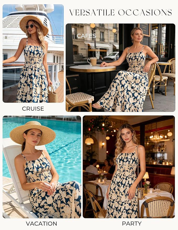 GRACE KARIN Summer Dresses for Women 2026 Vacation Smocked Floral Maxi Dresses Boho Beach Long Sundress Navy Flower L