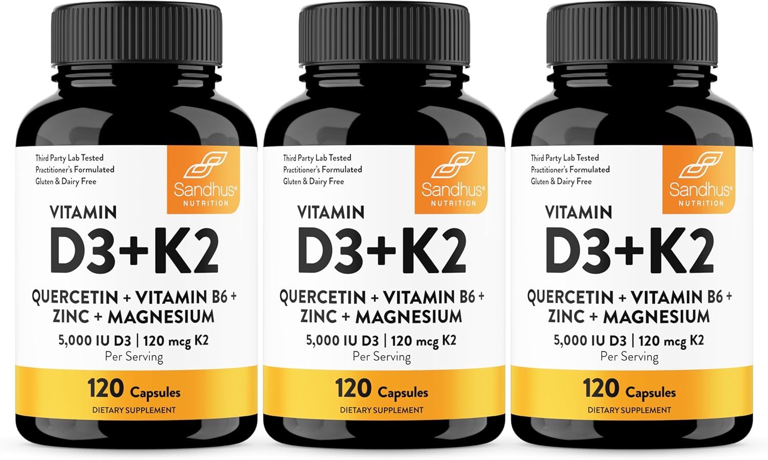 Sandhu's Vitamin D3 K2 Magnesium 5000 IU 120mcg K2 Capsules 120 Count (Pack of 3) | with VIT B6 Zinc & Quercetin | D3K2 Supports Superior Absorption Energy Immune Muscle Health for Men & Women