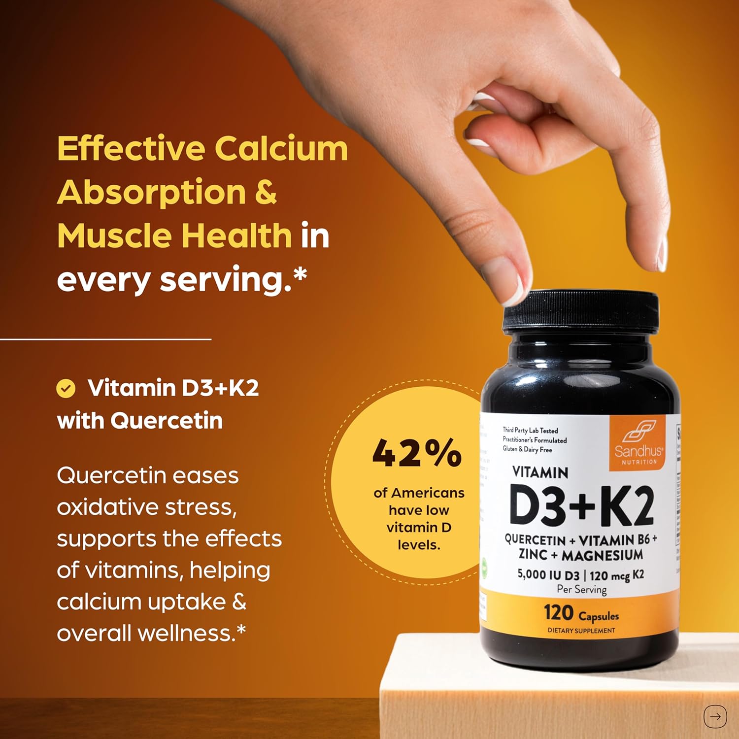 Sandhu's Vitamin D3 K2 Magnesium 5000 IU 120mcg K2 Capsules 120 Count (Pack of 3) | with VIT B6 Zinc & Quercetin | D3K2 Supports Superior Absorption Energy Immune Muscle Health for Men & Women