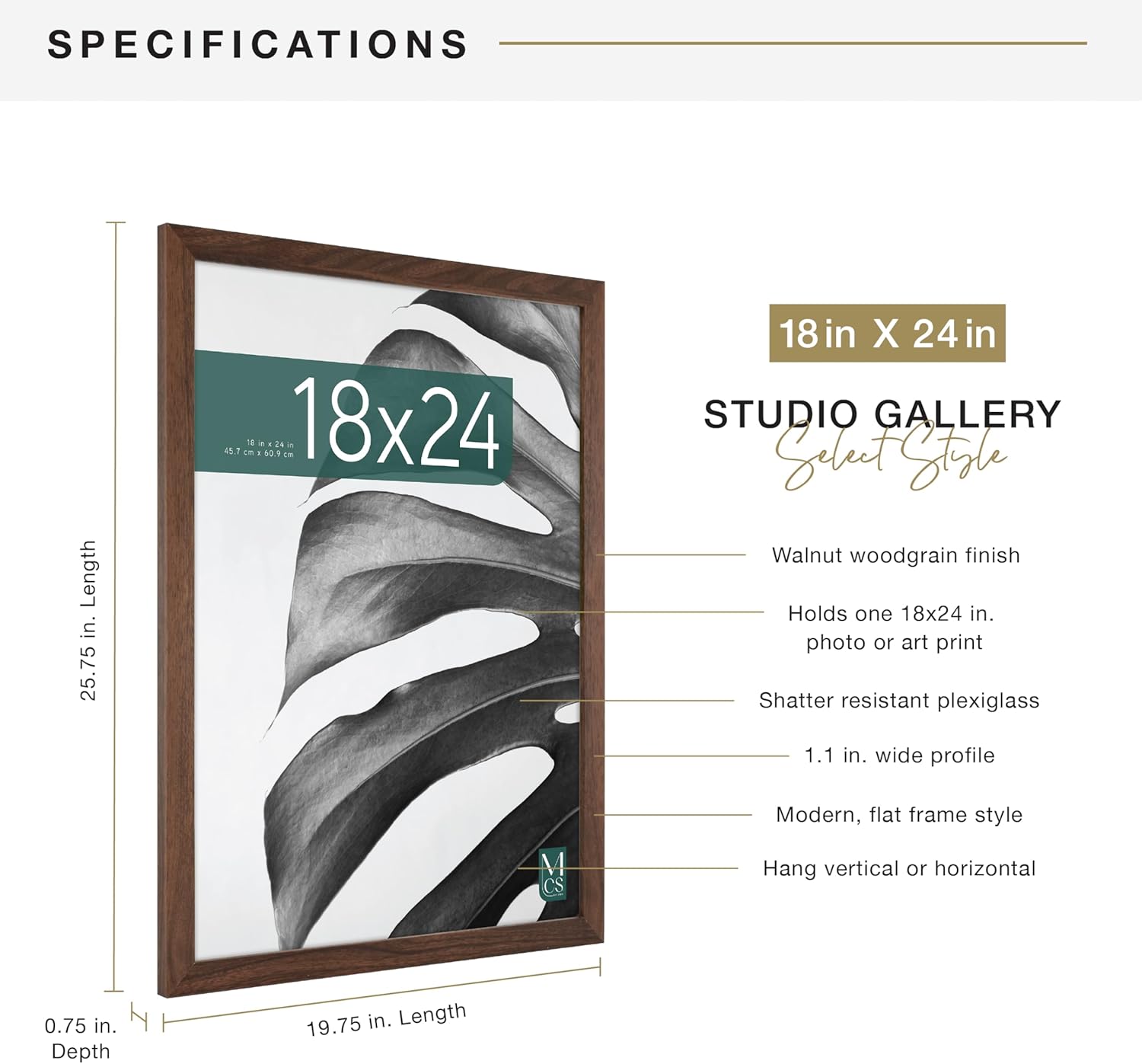 MCS Studio Gallery 18x24 Poster Frame Walnut Woodgrain Engineered Wood Vertical & Horizontal Wall Hanging Large Picture Frame for Photos Posters & Art Prints (1-Pack)
