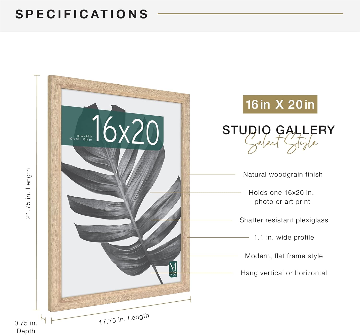 MCS Studio Gallery 16x20 Poster Frame Natural Woodgrain Engineered Wood Vertical & Horizontal Wall Hanging Large Picture Frame for Photos Posters & Art Prints (1-Pack)
