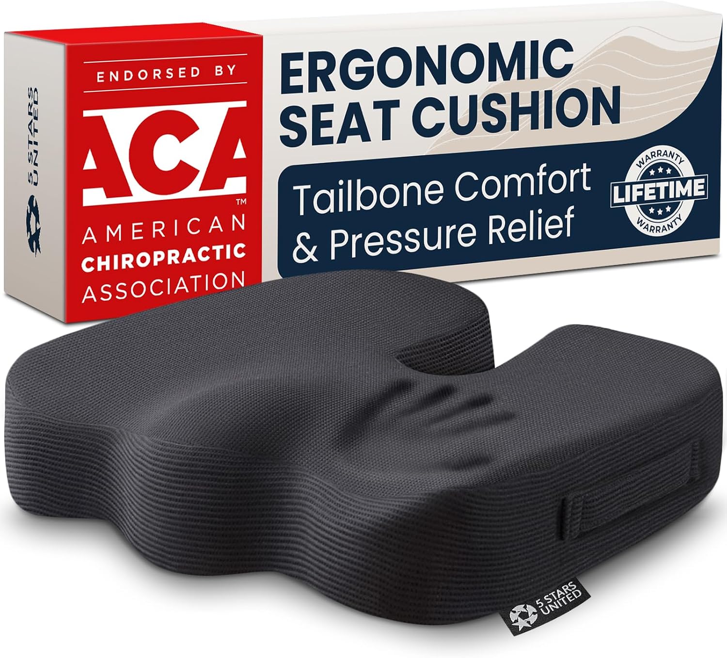 5 STARS UNITED Seat Cushion - Memory Foam Chair Cushion for Tailbone Pain Relief - Ergonomic Support for Coccyx Sciatica & Butt - Office Desk & Gaming Chair Car Seat Wheelchair Airplane Black