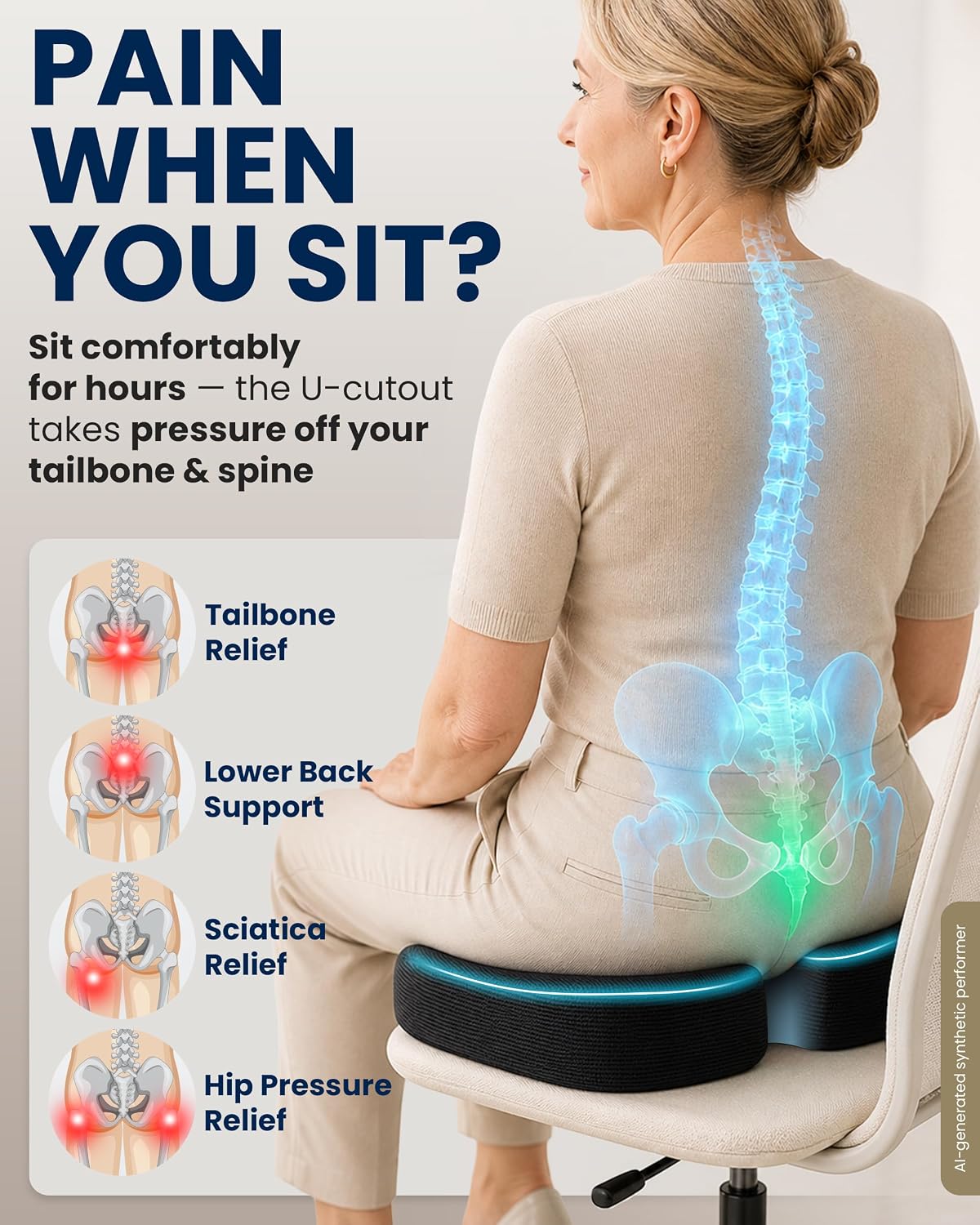 5 STARS UNITED Seat Cushion - Memory Foam Chair Cushion for Tailbone Pain Relief - Ergonomic Support for Coccyx Sciatica & Butt - Office Desk & Gaming Chair Car Seat Wheelchair Airplane Black