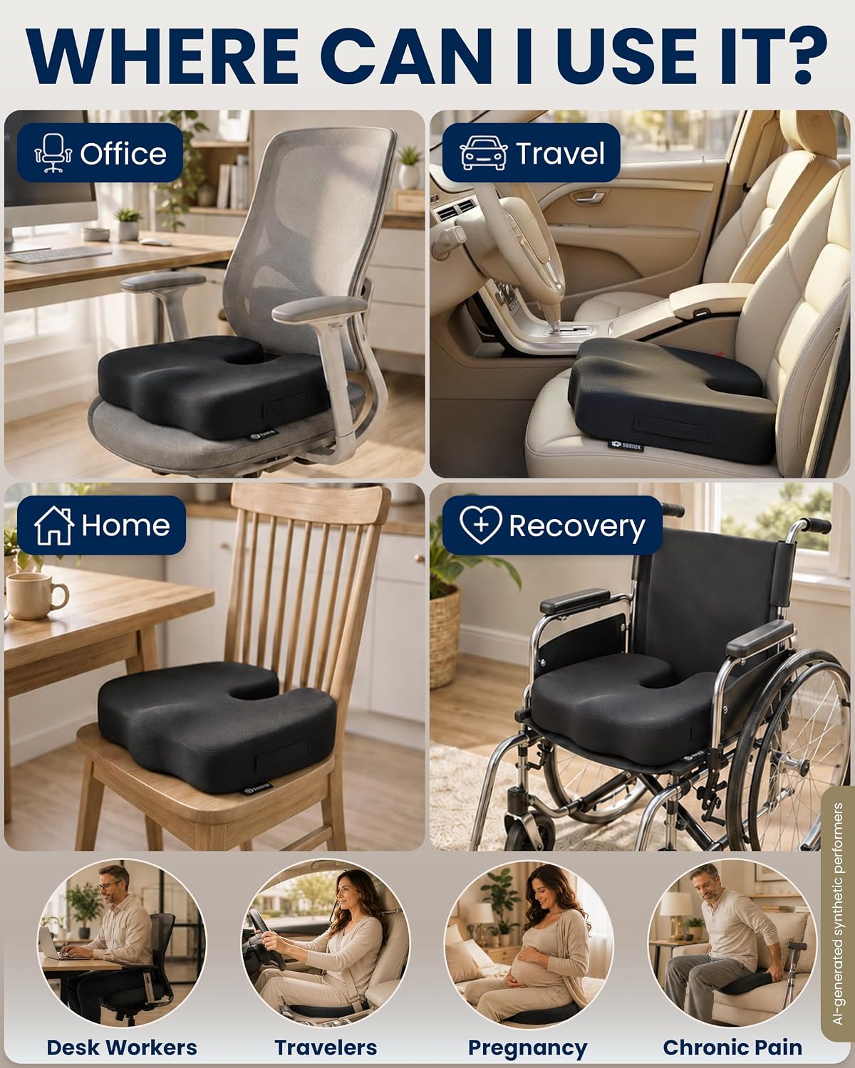 5 STARS UNITED Seat Cushion - Memory Foam Chair Cushion for Tailbone Pain Relief - Ergonomic Support for Coccyx Sciatica & Butt - Office Desk & Gaming Chair Car Seat Wheelchair Airplane Black