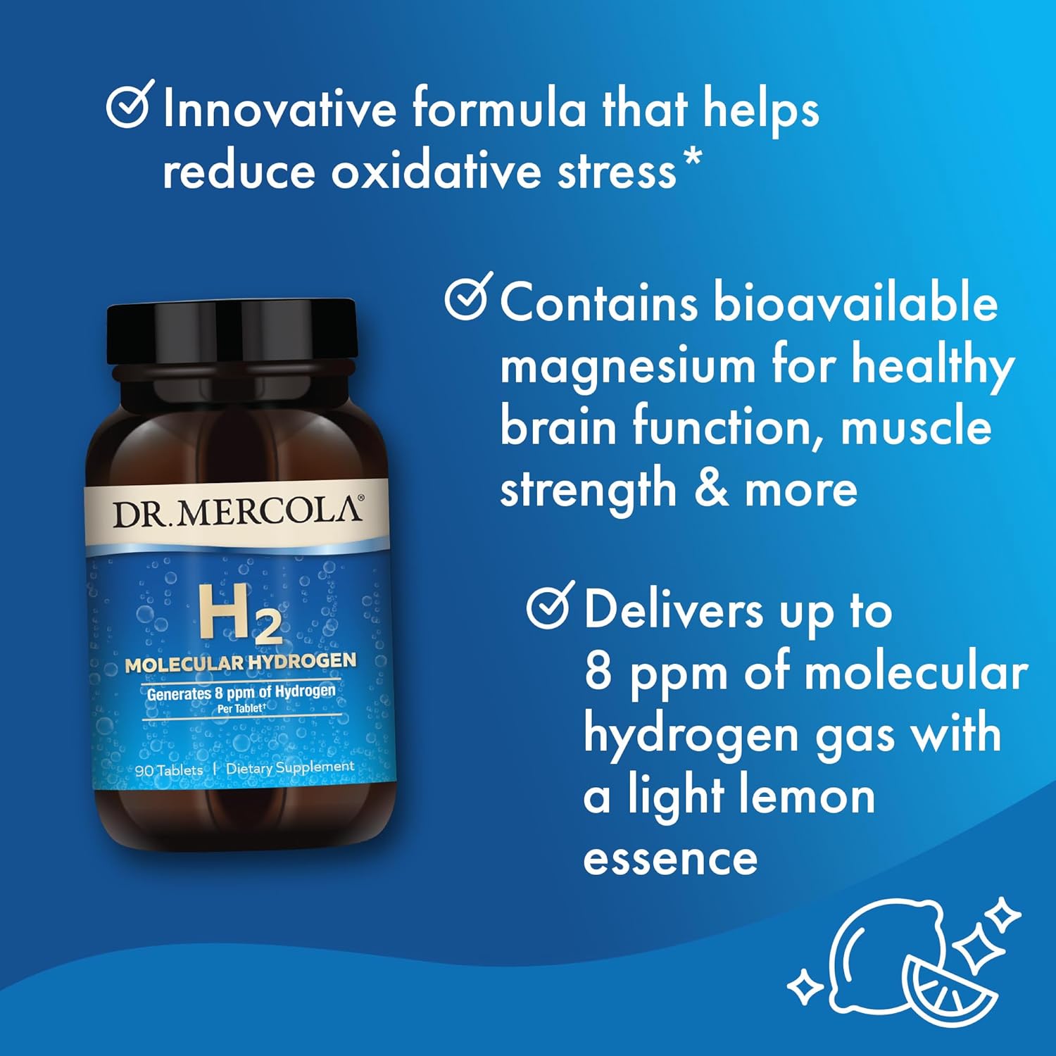 Dr. Mercola H2 Molecular Hydrogen Tablets Creates Hydrogen Rich Water (8 ppm) Supports Cellular Energy Brain Health & Healthy Aging Elemental Magnesium Non-GMO 90 Servings