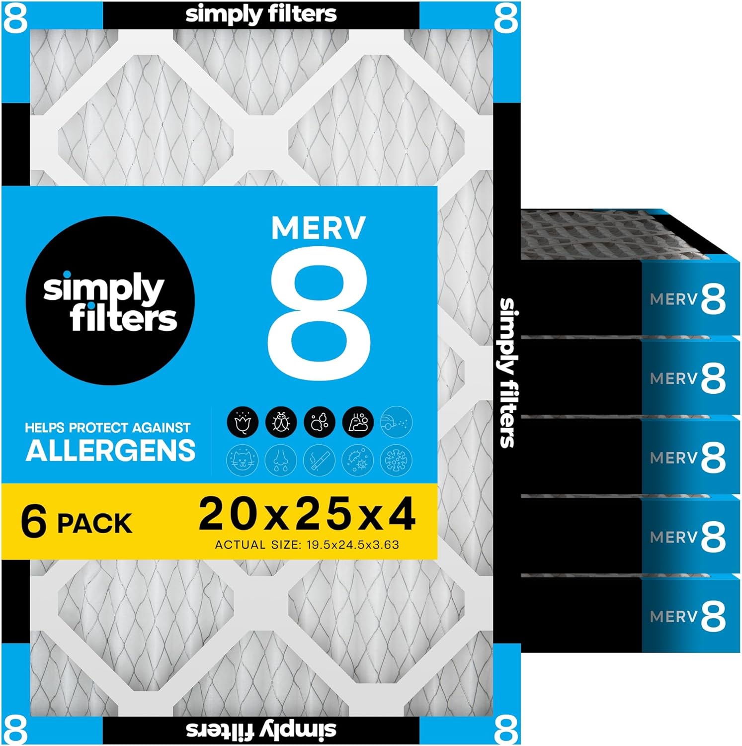 Simply 20x25x4 Air Filter MERV 8 6 Pack Furnace Air Filter for HVAC (Actual Size:19.5"x24.5"x3.63") DUST Pet & Allergy Control