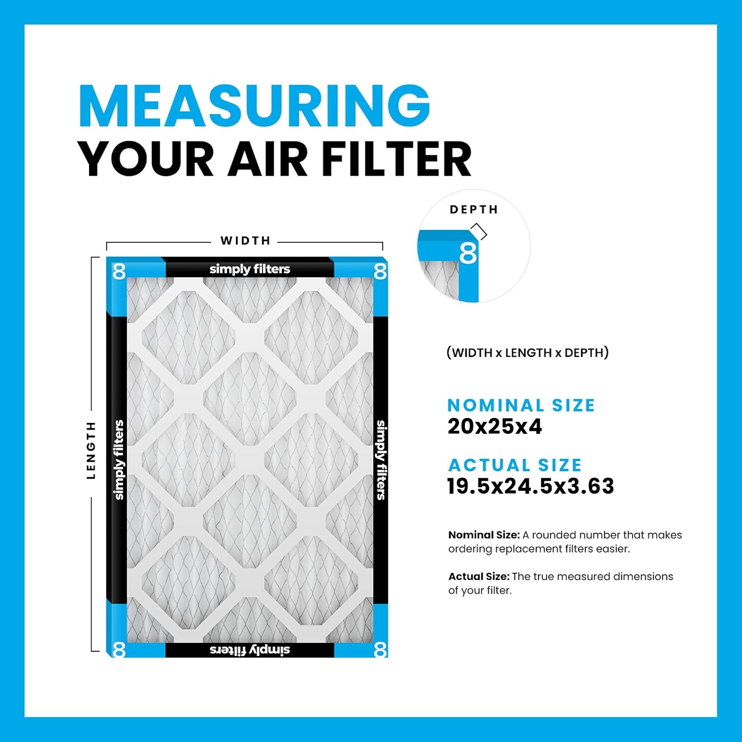 Simply 20x25x4 Air Filter MERV 8 6 Pack Furnace Air Filter for HVAC (Actual Size:19.5"x24.5"x3.63") DUST Pet & Allergy Control