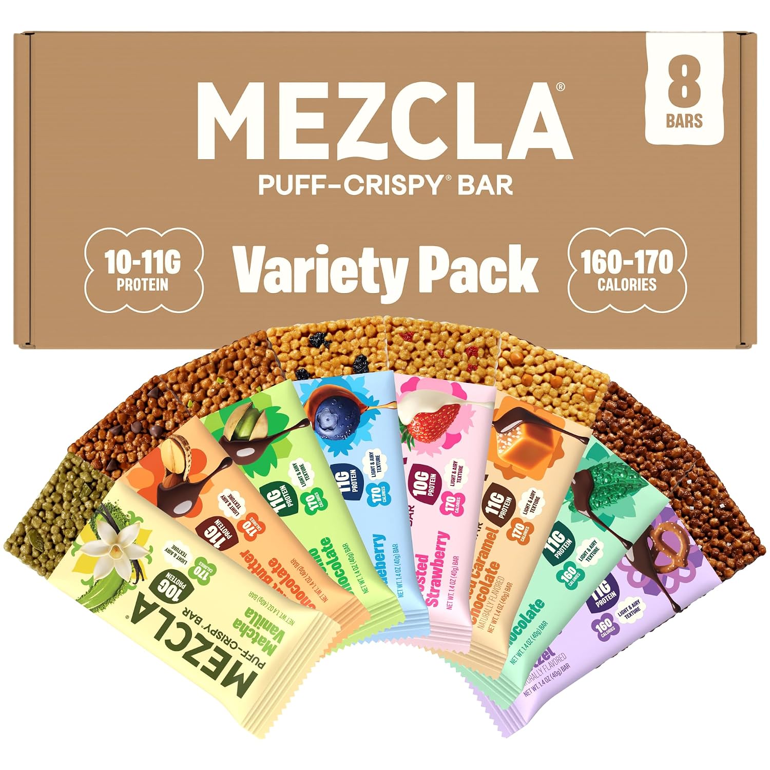 Mezcla Puff-Crispy Plant Based Protein Bars - Variety Pack - Healthy Snacks for Adults & Kids - Granola Bars for School, Travel, & Office Snacks - Gluten Free, Vegan, Non GMO, 10g Protein - 8 Count