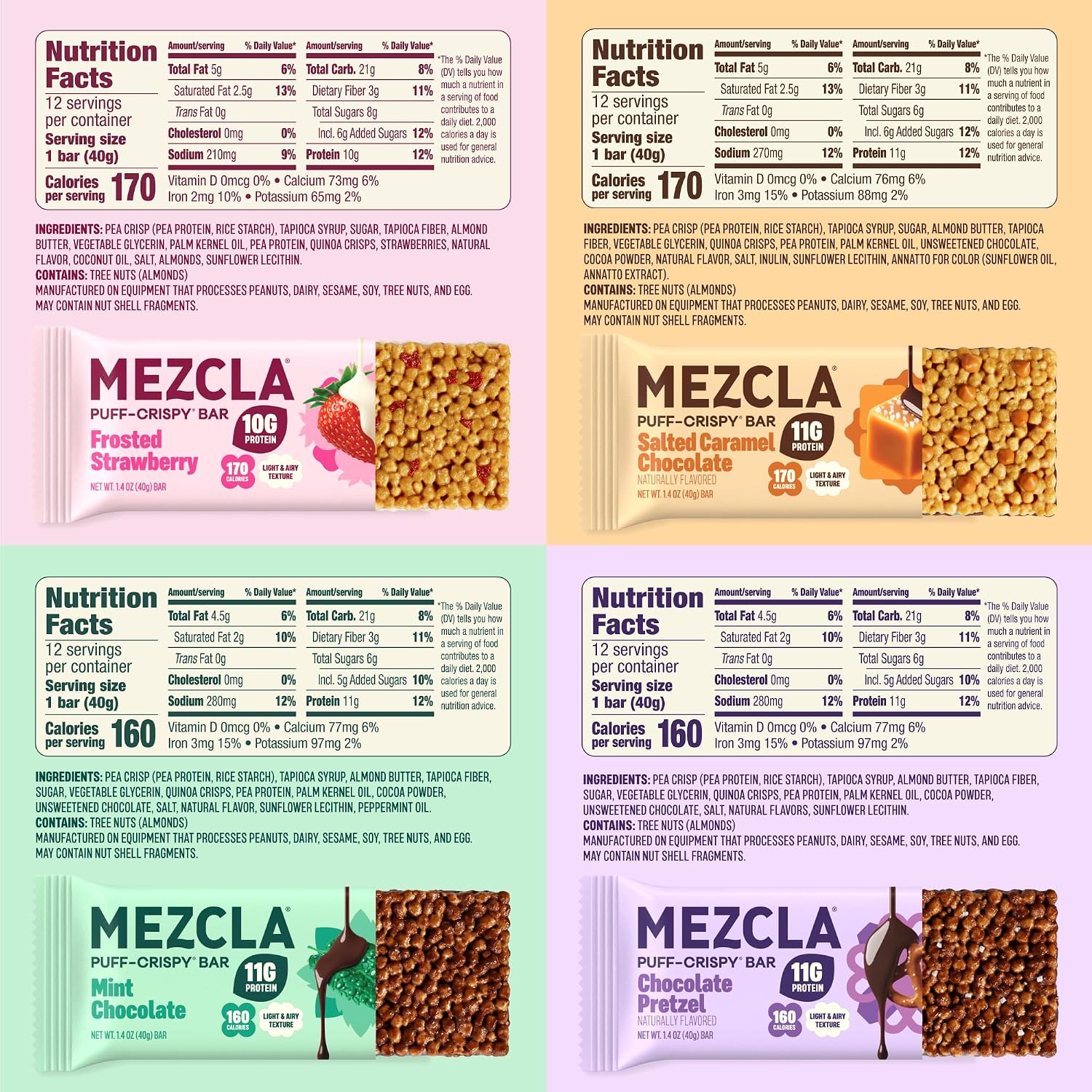 Mezcla Puff-Crispy Plant Based Protein Bars - Variety Pack - Healthy Snacks for Adults & Kids - Granola Bars for School, Travel, & Office Snacks - Gluten Free, Vegan, Non GMO, 10g Protein - 8 Count
