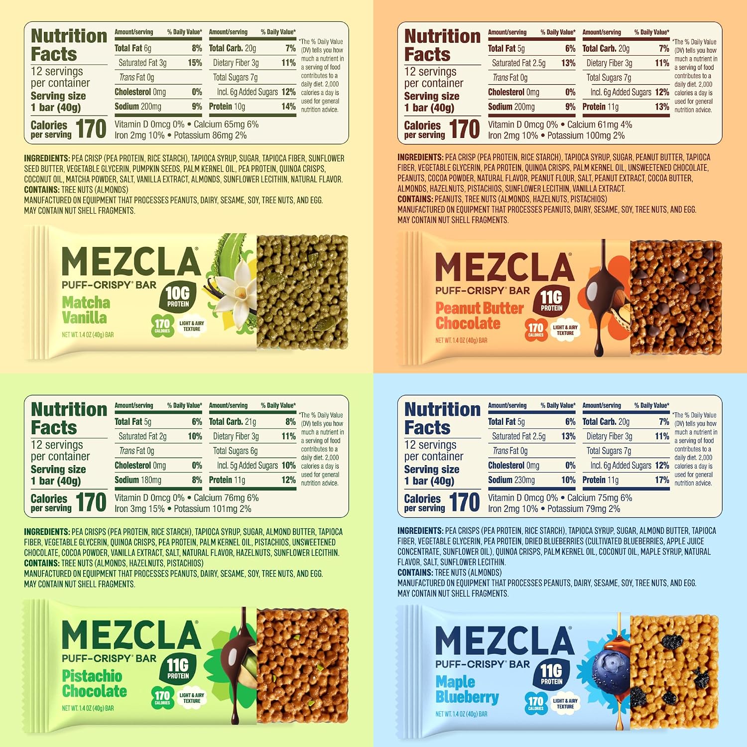 Mezcla Puff-Crispy Plant Based Protein Bars - Variety Pack - Healthy Snacks for Adults & Kids - Granola Bars for School, Travel, & Office Snacks - Gluten Free, Vegan, Non GMO, 10g Protein - 8 Count