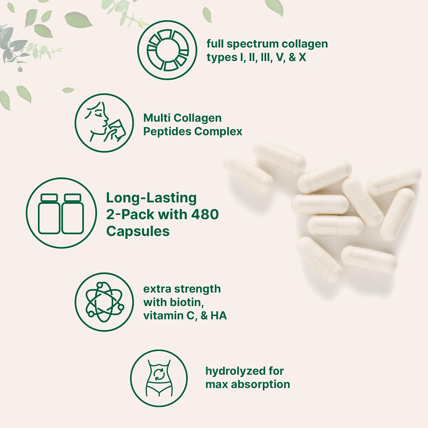 Micro Ingredients 2 Pack Multi Collagen Pills for Women & Men 480 Capsules | Type I II III V X | Hydrolyzed Protein Peptides with Biotin Hyaluronic Acid & Vitamin C | Keto & Paleo Friendly