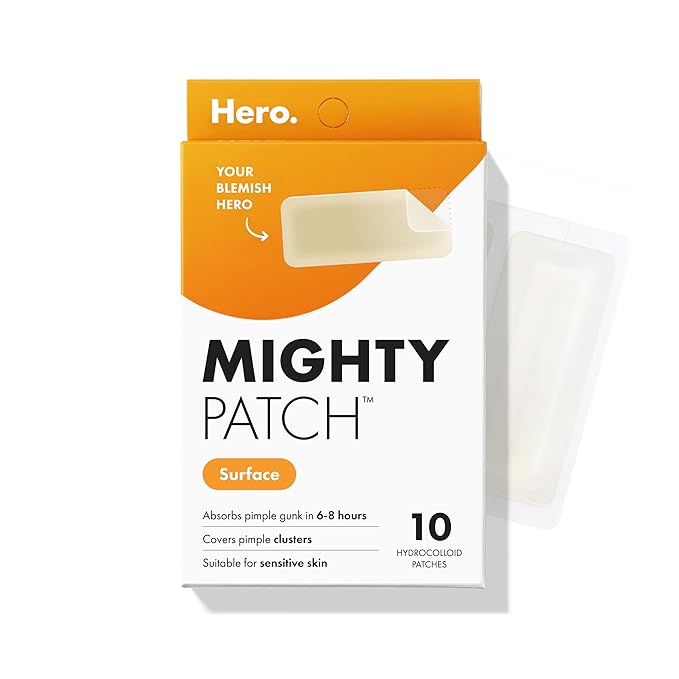 Mighty Patch Surface Large Pimple Patches for Face from Hero Cosmetics, Acne Spot for Body, Cheek, Forehead, and Chin, Pimple Stickers, Hydrocolloid Covers, Vegan-friendly, 10 Count