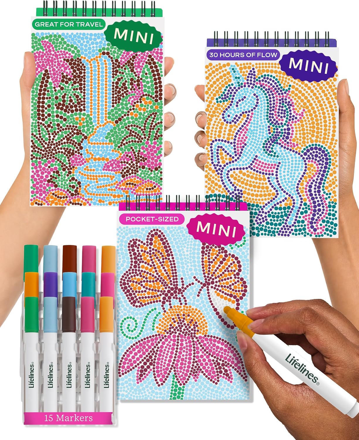 Lifelines FlowArt Activity Pads 4-Pack - Guided Art Meditations with 4 Sets of Markers & 80 Scenes - Color by Number/Letter Dot Art More Coloring Books for Tweens Adults & Seniors - Patent-Pending