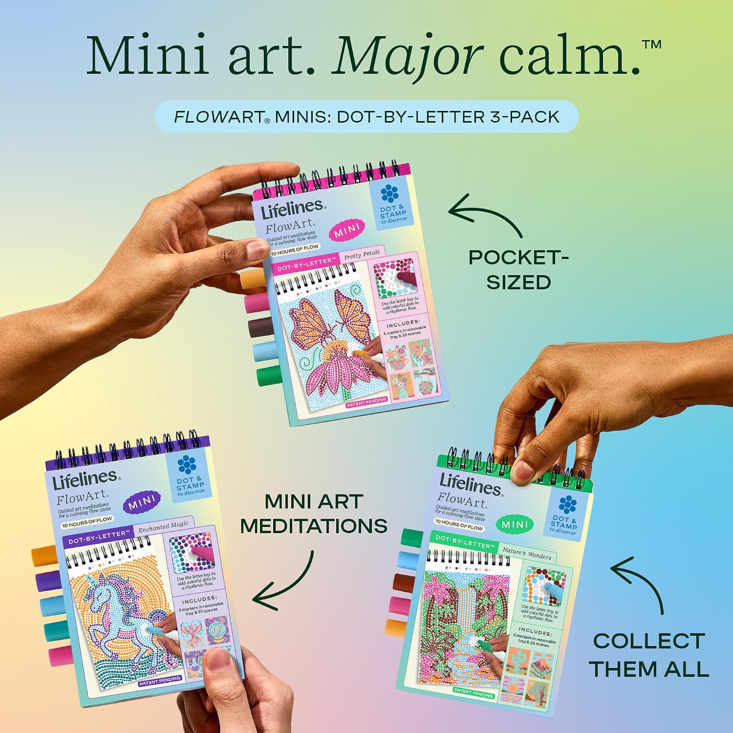 Lifelines FlowArt Activity Pads 4-Pack - Guided Art Meditations with 4 Sets of Markers & 80 Scenes - Color by Number/Letter Dot Art More Coloring Books for Tweens Adults & Seniors - Patent-Pending