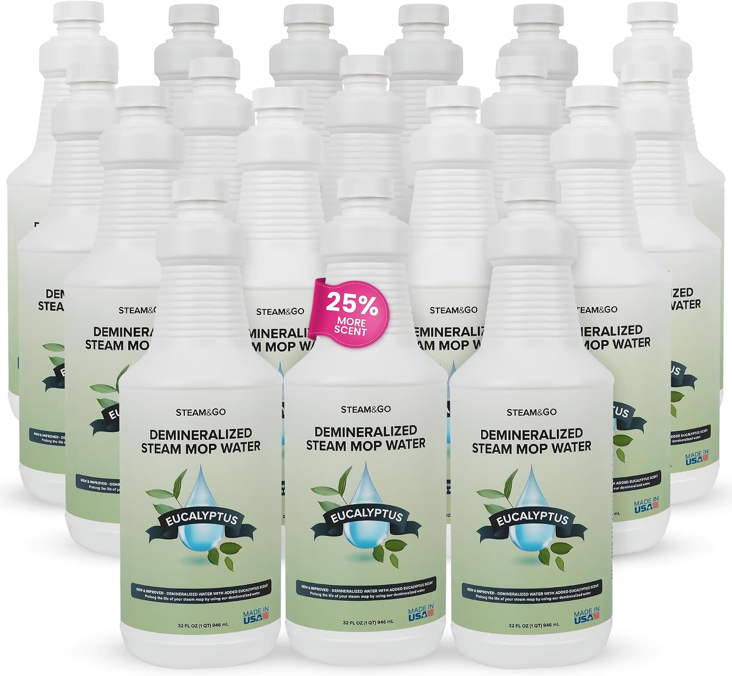 Steam & Go Demineralized Water for Steam Mop ‚Äì Eucalyptus Mint Scent, 32 oz (Pack of 18) | Scented Floor Cleaner Solution, Ready-to-Use, Compatible with Any Steam Cleaner