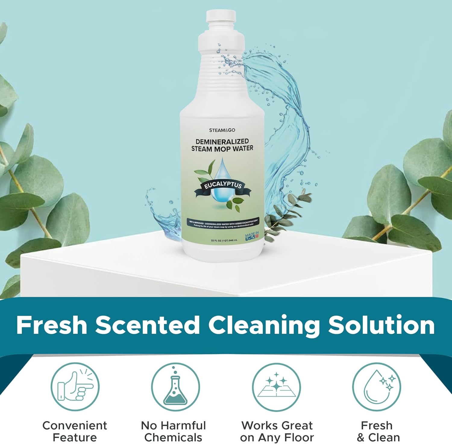 Steam & Go Demineralized Water for Steam Mop ‚Äì Eucalyptus Mint Scent, 32 oz (Pack of 18) | Scented Floor Cleaner Solution, Ready-to-Use, Compatible with Any Steam Cleaner
