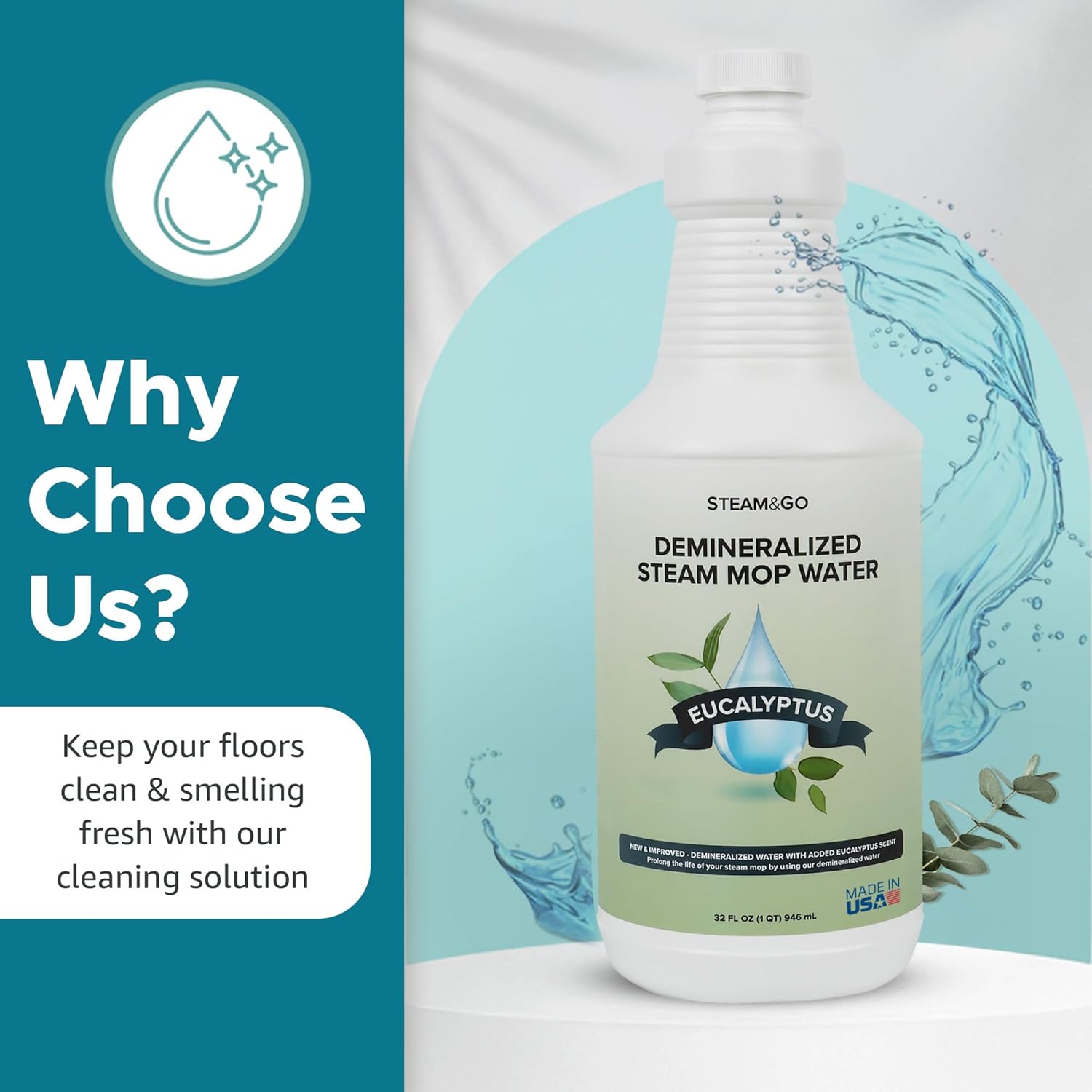 Steam & Go Demineralized Water for Steam Mop ‚Äì Eucalyptus Mint Scent, 32 oz (Pack of 18) | Scented Floor Cleaner Solution, Ready-to-Use, Compatible with Any Steam Cleaner